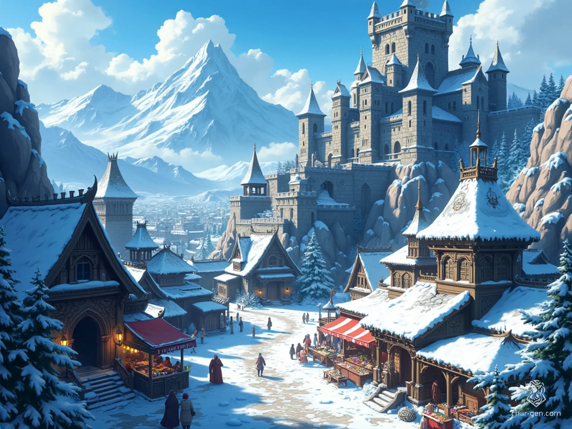 Set against the icy Spine of the World mountains, a prosperous dwarven medieval city thrives with stout stone buildings, intricate carvings, and steep roofs. Massive archways and fortified structures dominate the skyline, while the orderly market buzzes with masterfully crafted metalwork and glittering gems under a pale northern sun.