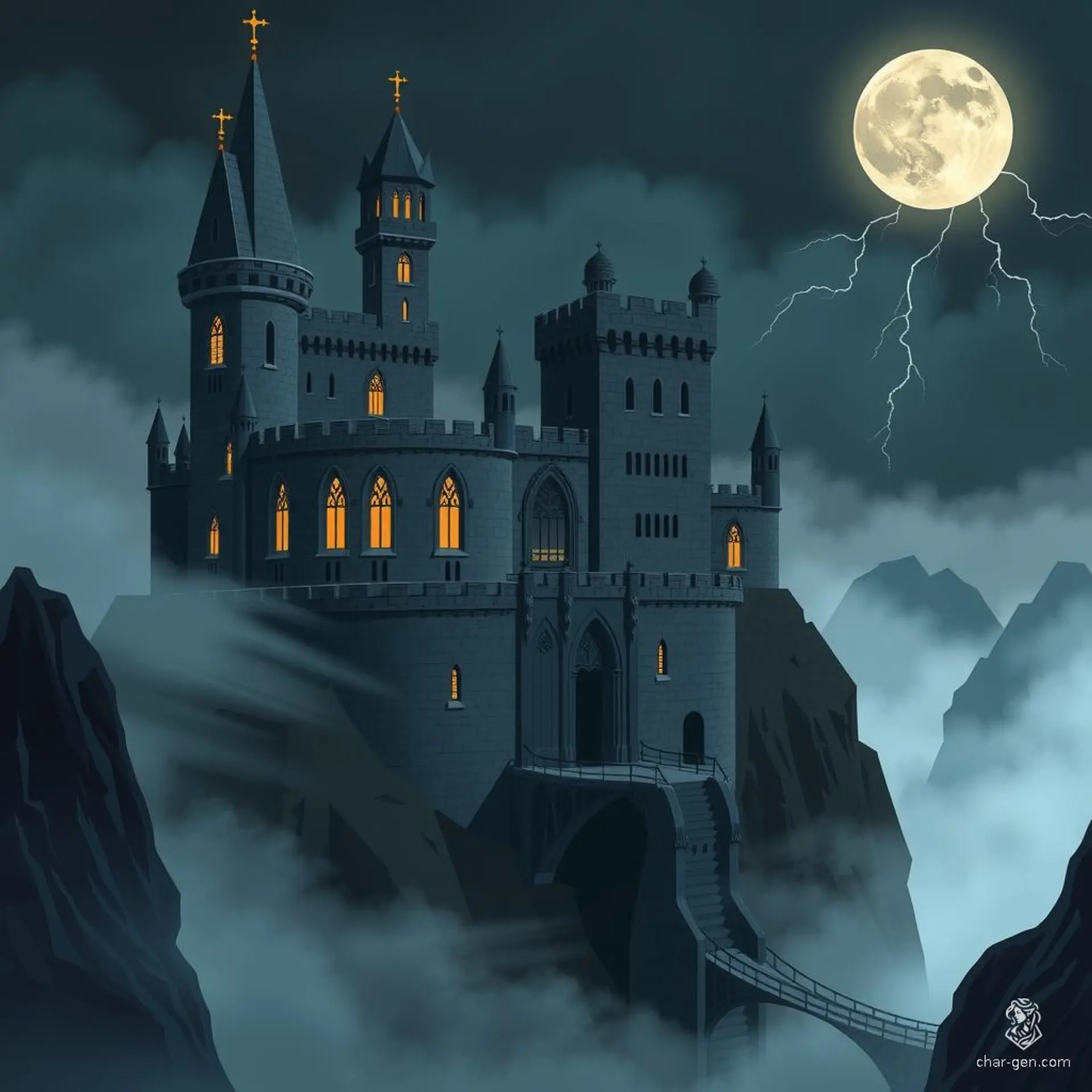 A massive gothic castle looms on a jagged cliff, overlooking a mist-filled valley. Dark, weathered stone walls, adorned with gargoyles and flickering arched windows, rise into a stormy sky. Swirling fog and distant lightning reveal ancient, cracked stonework and an imposing, creaking drawbridge.