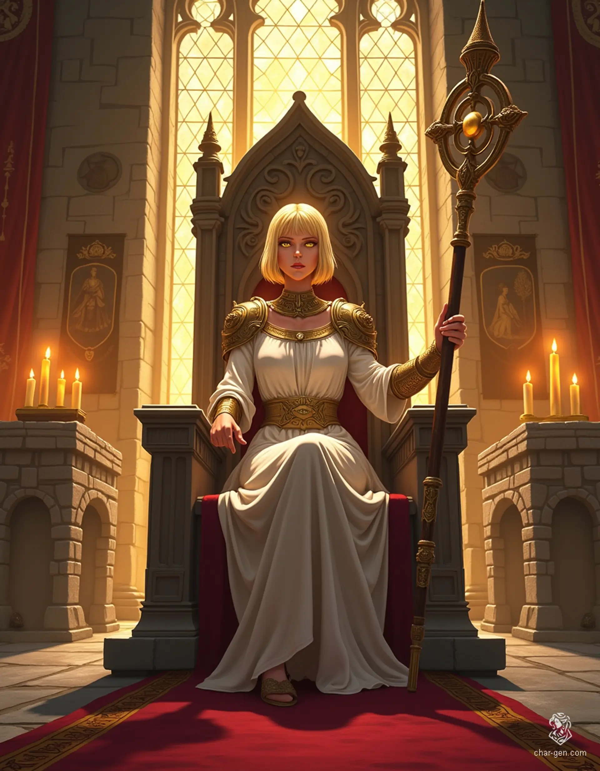 Loralyn, a serene Aasimar baroness, commands respect in her dimly lit throne room. With radiant golden skin and luminous, pupil-less eyes, she balances power and calm. Dressed in elegant monk robes adorned with celestial symbols, she stands ready to defend her realm against the encroaching evil fey.