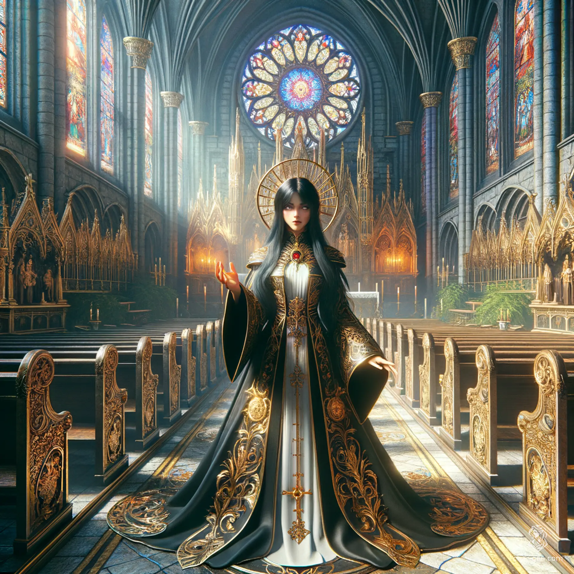 Szatha is an 18-year-old female aasimar cleric with jet black skin and black hair, radiating a subtle angelic glow. Standing at 5'10" and weighing 136 lbs, she is extremely wise and charming, with unusual black-colored eyes and a serene demeanor highlighted by her prominent holy symbol.