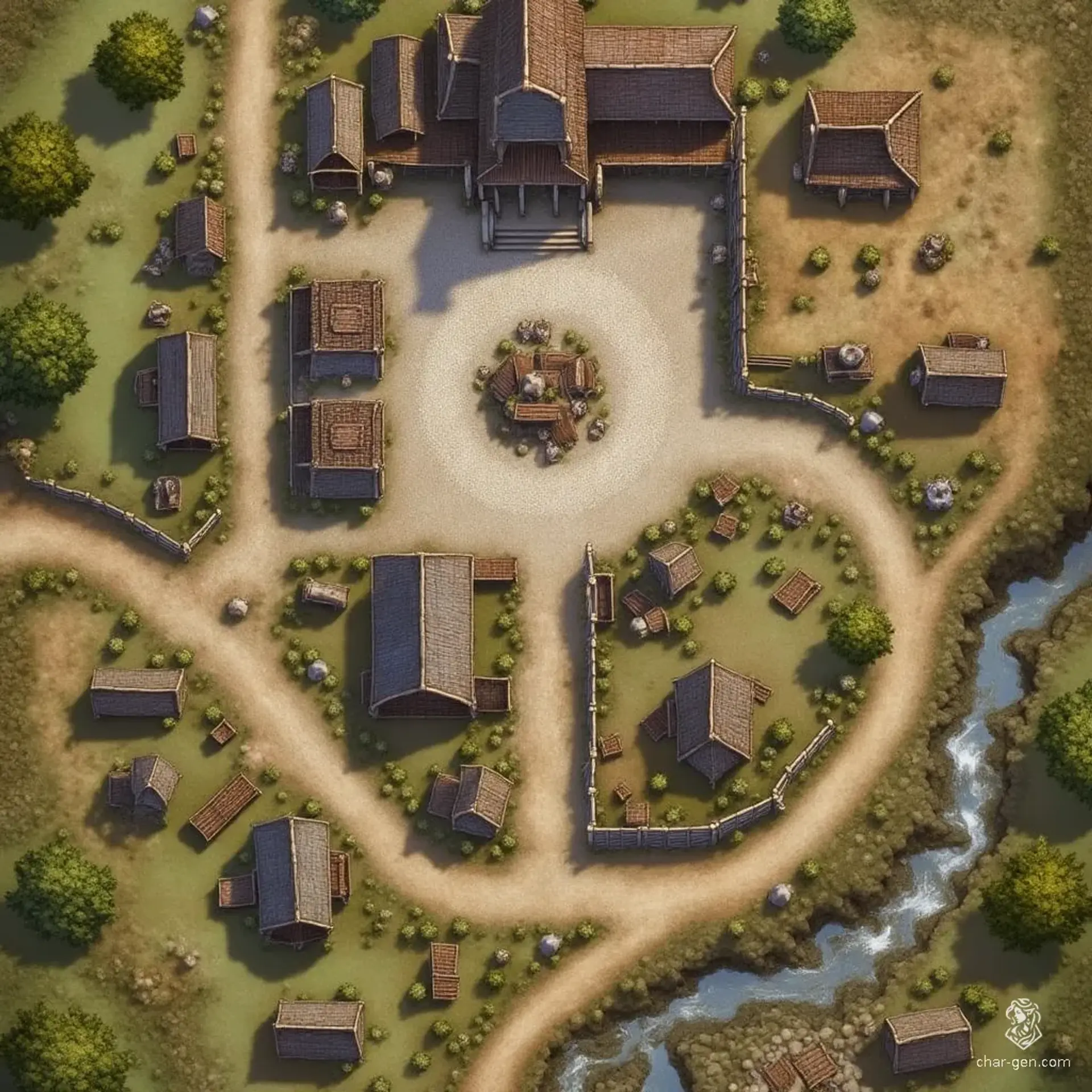 Explore a vibrant village landscape, where lush fields contrast with withered ones, leading to a bustling trading square dominated by the guild's towered home. Shadows creep from a dense forest harboring a hermit's dwelling and a nearby flower field concealing ancient ruins. Beware of traps lurking along the forest trail, leading to a hidden ravine teeming with secrets.
