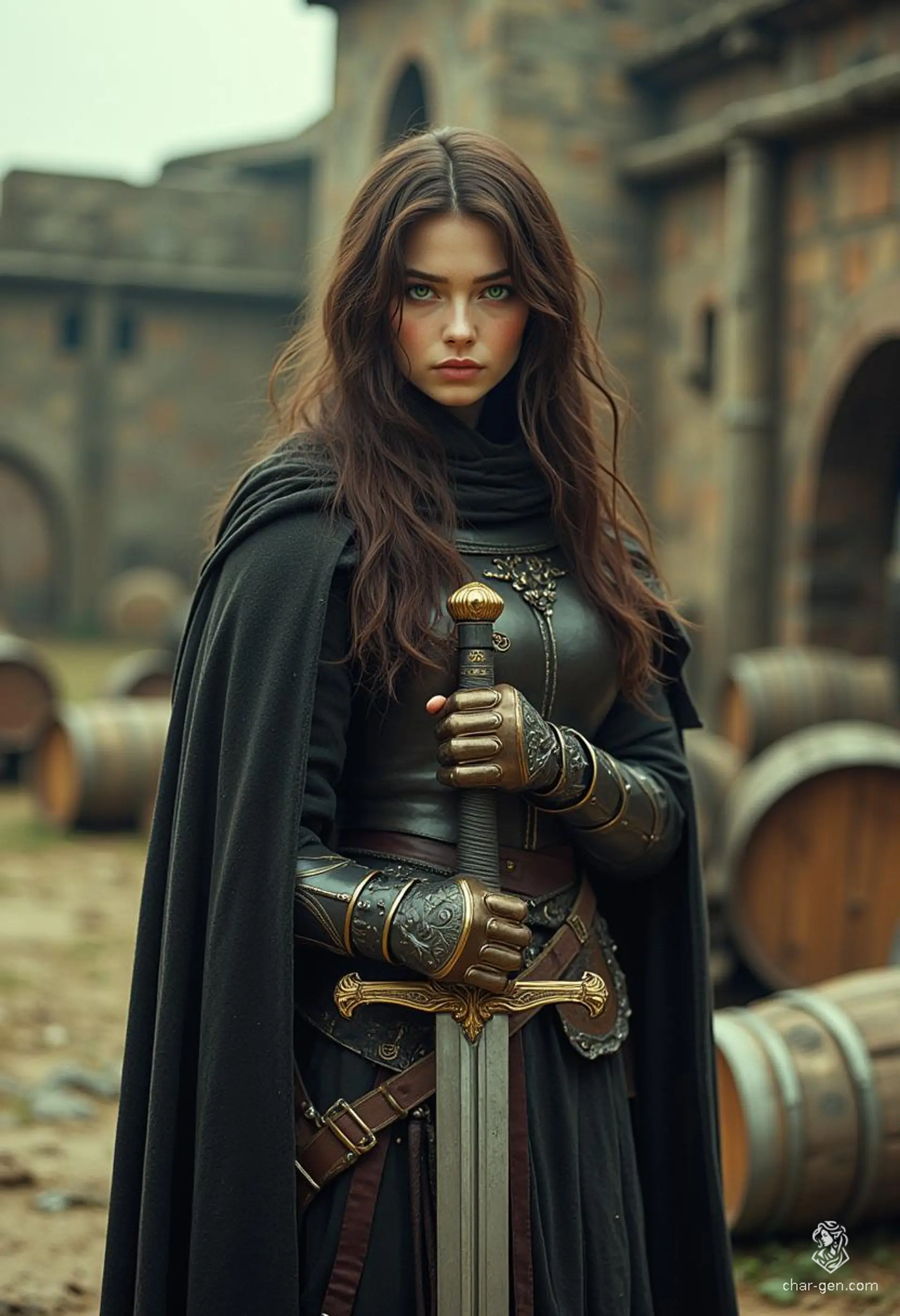 Miatte Derethian, a haunted yet resilient human fighter, showcases her prowess as a sword-fighting champion with a longsword in hand and a captivating winged cloak. Driven to vanquish monsters and protect the innocent, she navigates a world filled with spirits and challenges, embodying both charm and strength.
