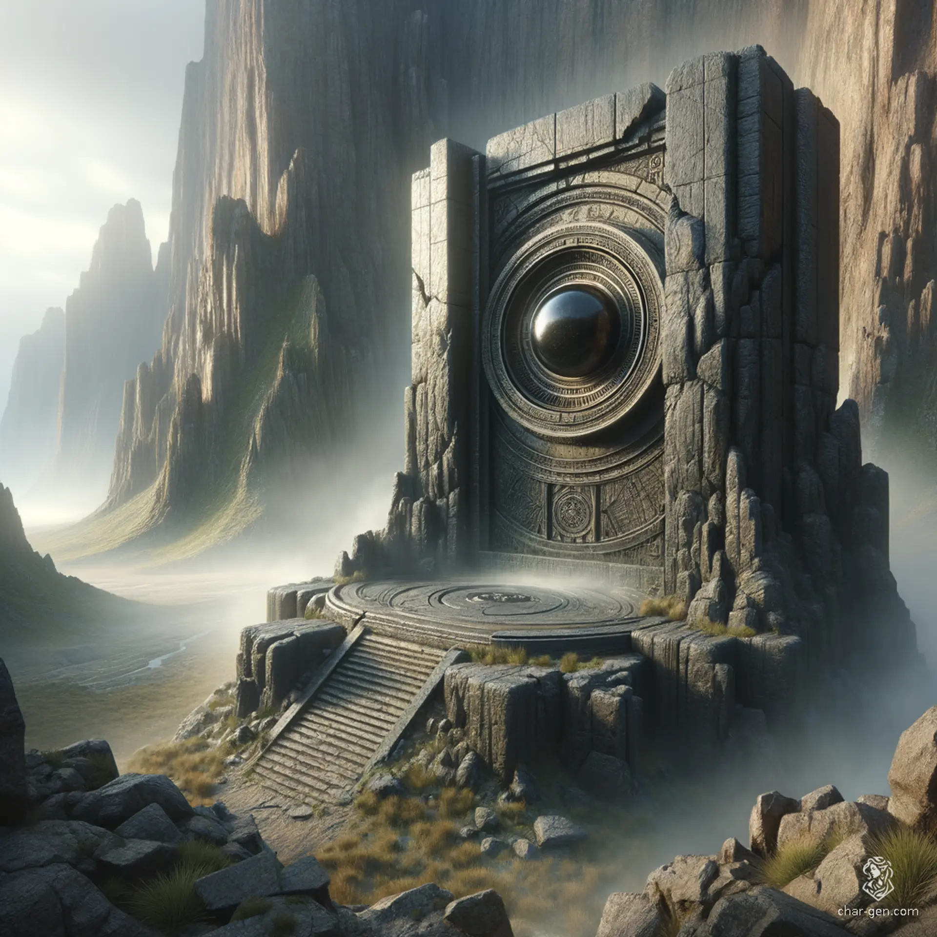 In a desolate expanse, a towering 15-meter rock rises abruptly from the ground, its surface rugged and ancient. Atop the sheer cliff, a mysterious altar cradles a gleaming black metal disk, shimmering ominously under a spectral sky filled with swirling clouds, casting an eerie glow over the barren landscape.