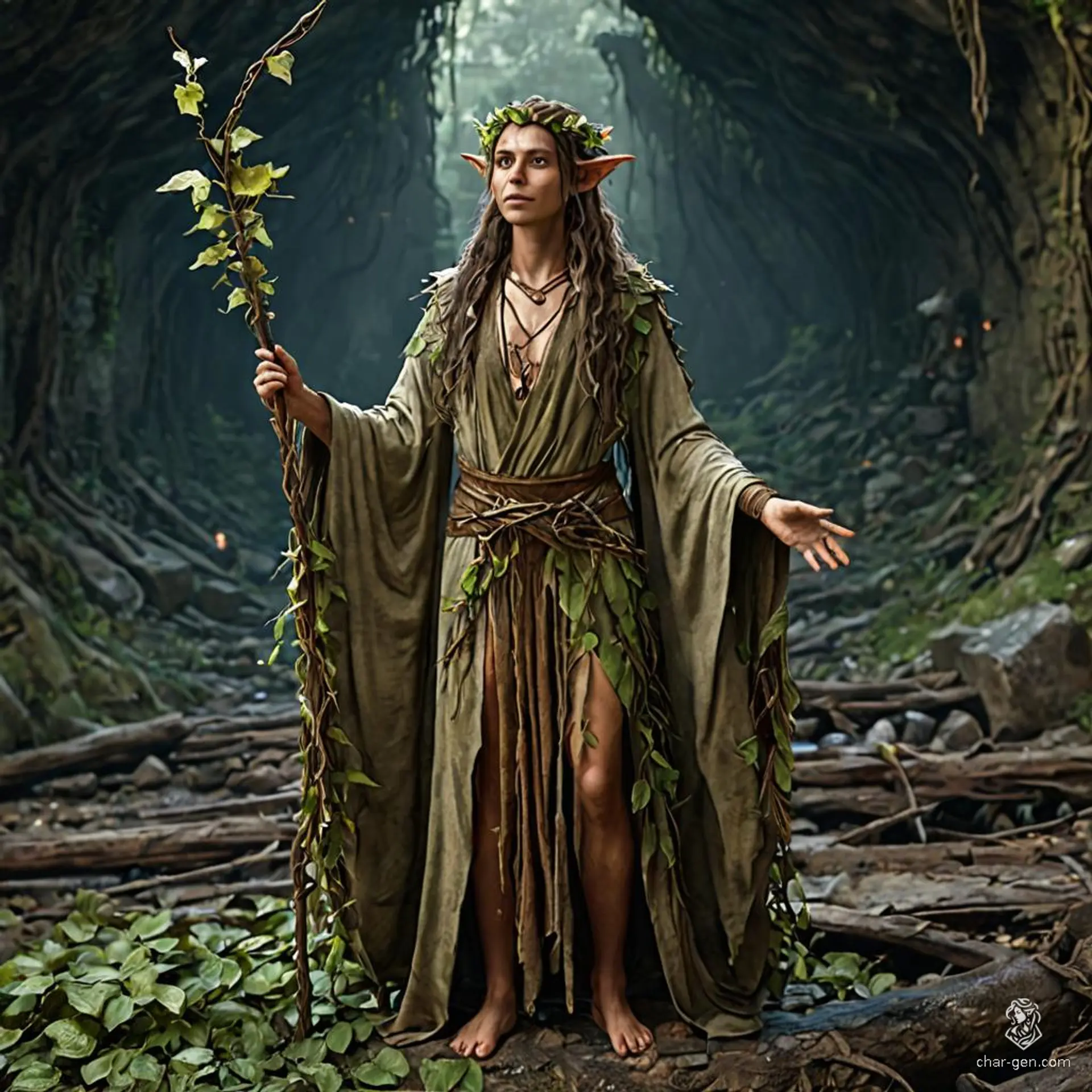 A wise Wood Elf druid, adept in natural magic, with a medium build and earthy elements, serves as a spy or criminal. Accompanied by animal companions, this crafty infiltrator uses druidic prowess to navigate and manipulate environments.