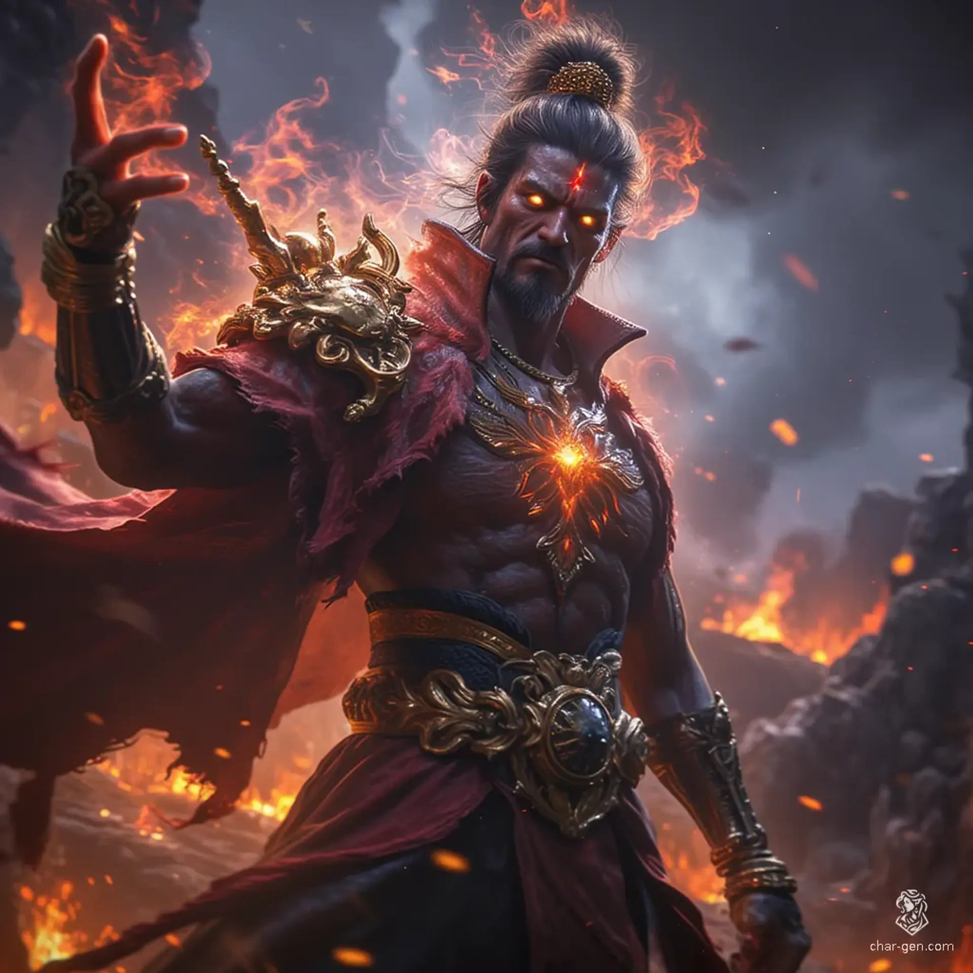 Vrakir, the formidable efreeti Sultan, reigns supreme from his lavish ruby and diamond palace in the City of Brass. This towering, crimson-skinned genie, adorned in golden armor, exudes intense heat and power, rarely granting wishes, as he plots dominion over the elemental realms.