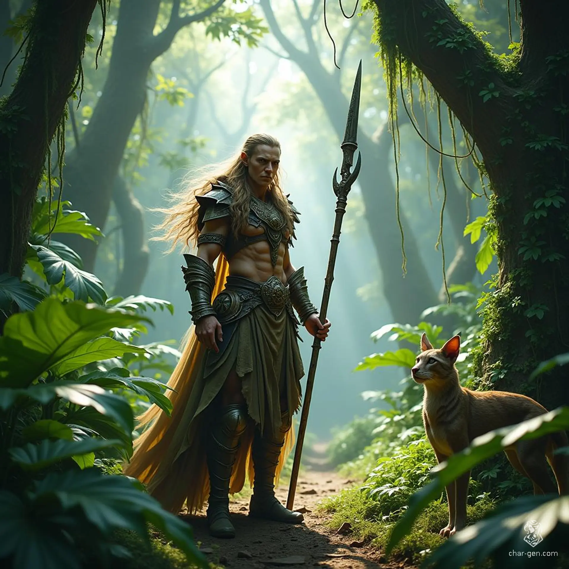 A Spiritborn Druid and agile warrior, this 25-year-old Wood Elf wields a glaive with grace. Adorned in intricate hides, he summons powerful spirit guardians from the jungle—eagles, jaguars, and gorillas—channeling their strength and wisdom in both combat and nature’s defense.