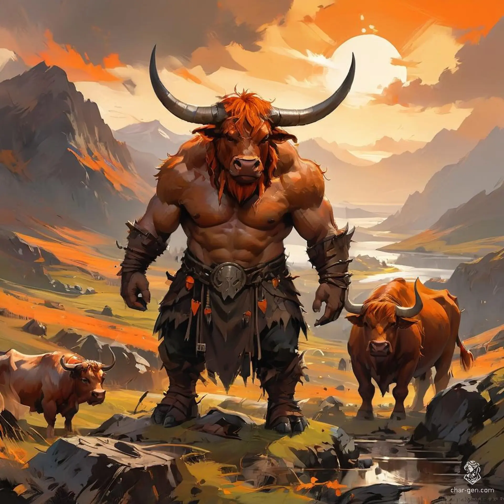 A wild and rugged male minotaur from the Scottish Highlands, this anthropomorphic bull-like barbarian boasts horns, hooves, and a snout with Highland cow traits. His vibrant sunset orange hair complements his fierce and untamed demeanor.
