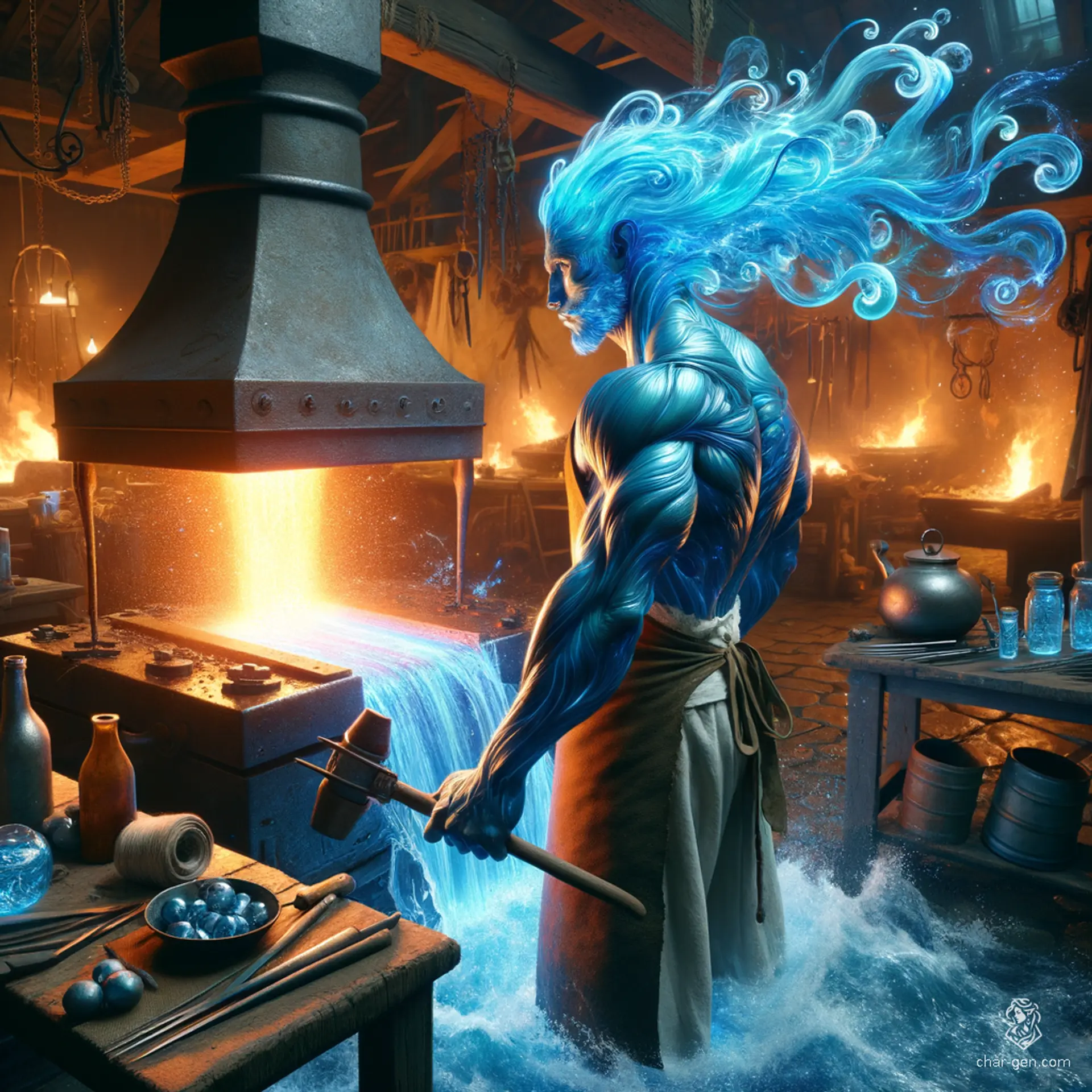 A middle-aged male water genasi, with dark blue, flowing river-like skin and sea foam hair, emanates aquatic nebula effects. He stands muscular amidst anvils and hammers, attired in simple clothes and a leather apron, diligently working as a blacksmith.