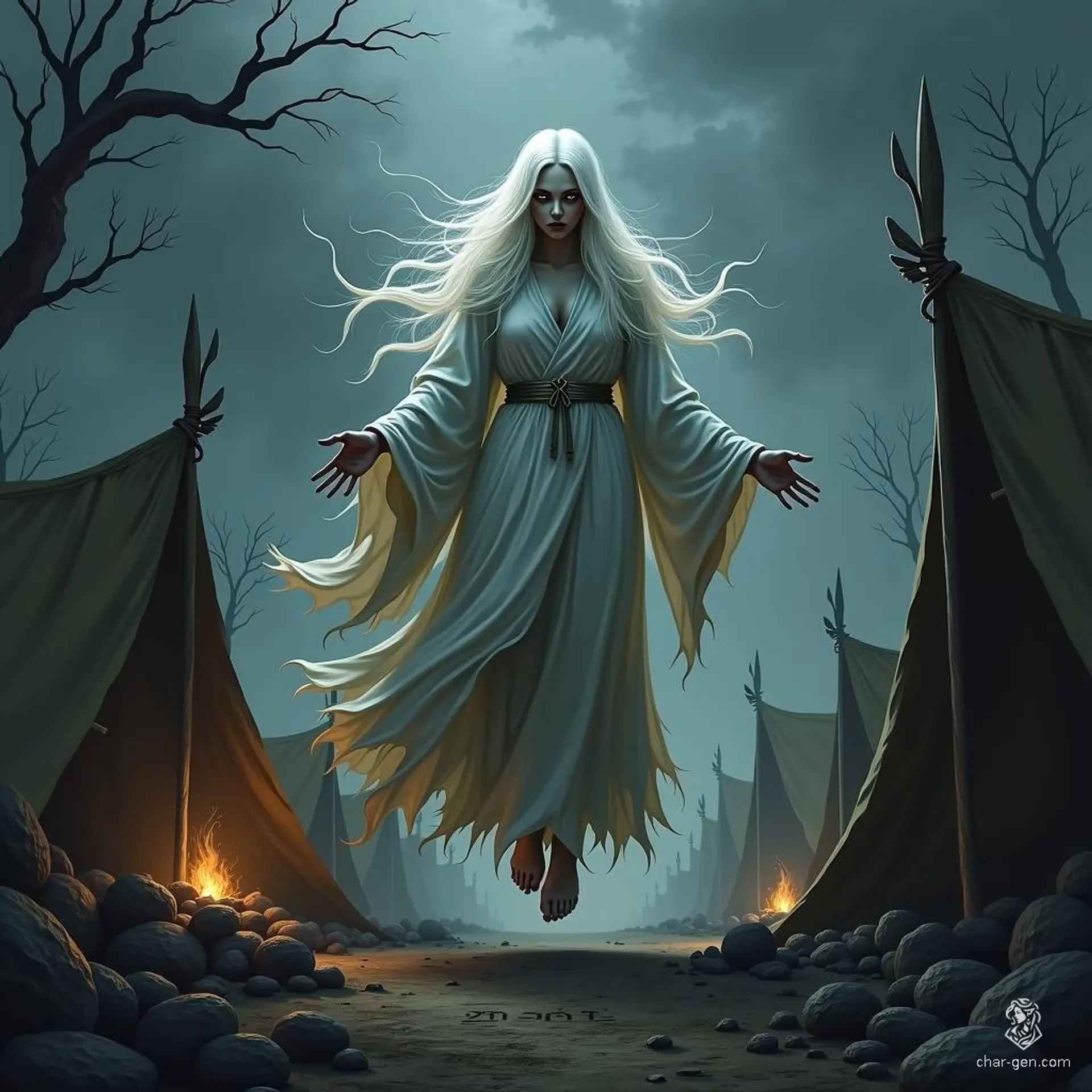 A banshee is a spectral woman with long, flowing white hair, pale skin, and ragged, ethereal robes. Her wails are omens of death, chilling the hearts of those who hear her mournful cries.