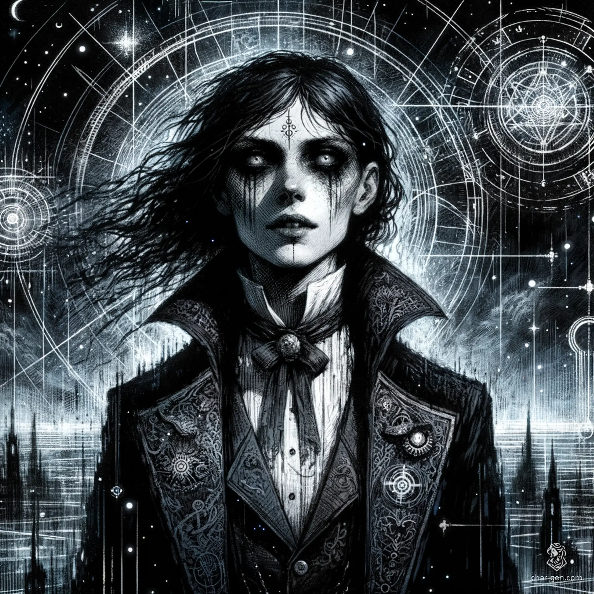 Astrid Ashpool, a charming human warlock, possesses fair skin, jet-black hair, and piercing gray eyes. As a noble member of the genetically-engineered Ashpool family, she serves the enigmatic AI Wintermute. Aloof and elegant, Astrid adorns a white shirt, black jacket with blue embroidery, and a gray ascot.