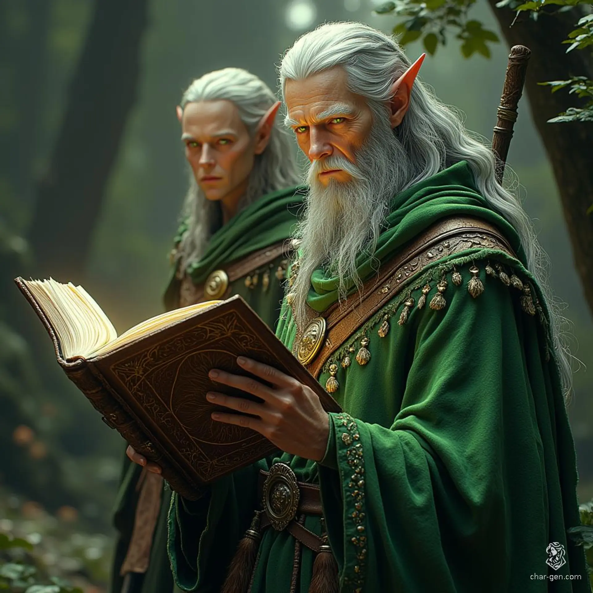In a forest glade, a wise green-robed wizard cradles an ornately bound book, its secrets hidden within. Beside him stands a battle-hardened elf ranger, his white hair flowing and an eye patch hinting at untold adventures. Together, they guard ancient lore and face lurking threats.