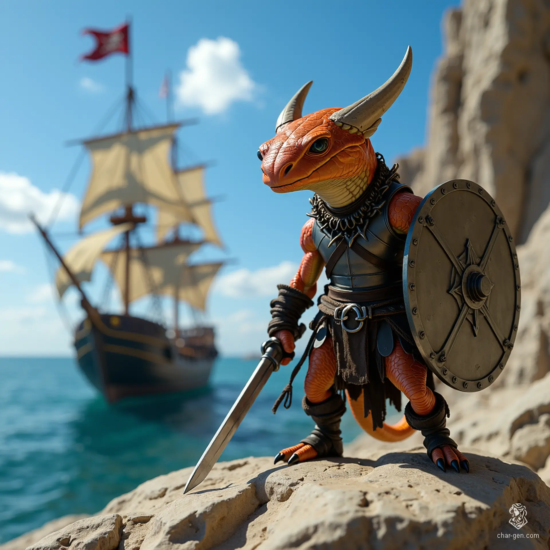 Luna is a muscular half-kobold, half-goloma fighter, donning a shiny steel breastplate and raising a formidable shield. With eight spider-like eyes and copper scales that gleam, this fluid-gendered warrior stands ready to defend against threats, embodying confidence and cunning in every move.