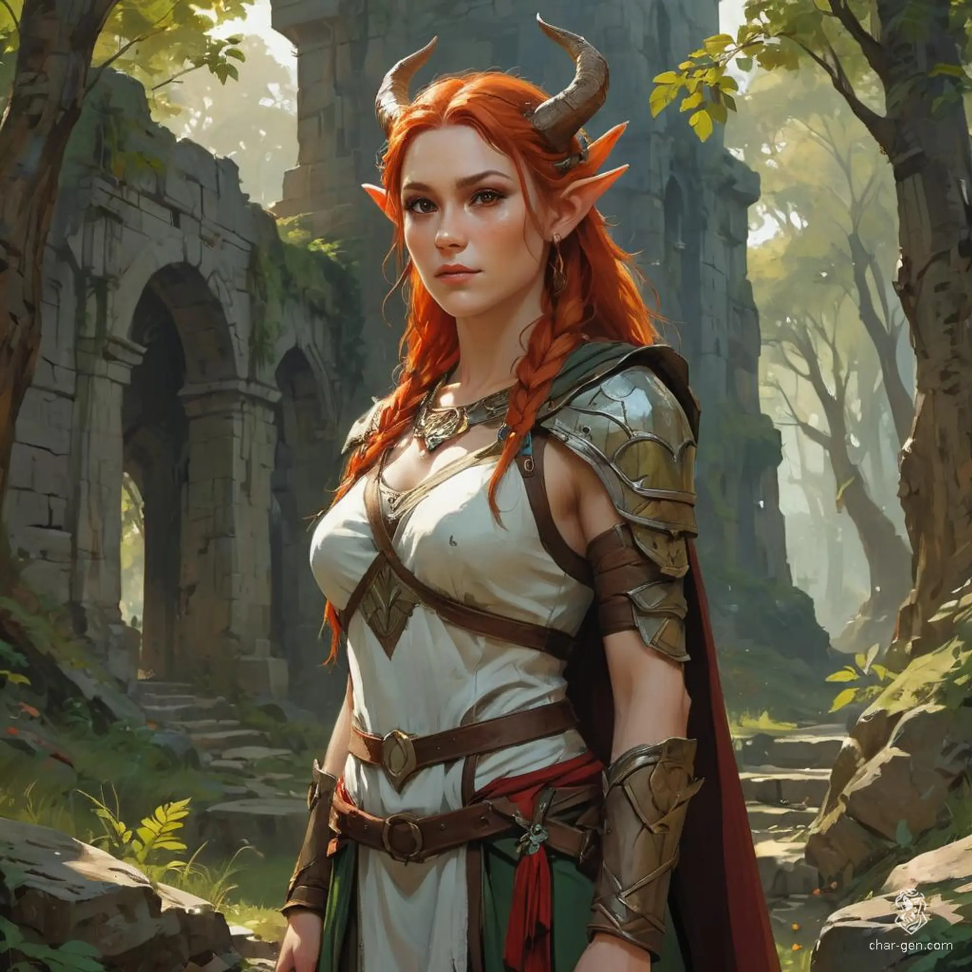 Keyleth, a 17-year-old female Half-Elf druid of the Ashari tribe, with fair skin and bold cherry-red hair, commands natural and animal magics. Raised in the Air tribe and extremely wise but lacking other attributes, she embarks on the Aramente to prove her worthiness as a future headmaster.