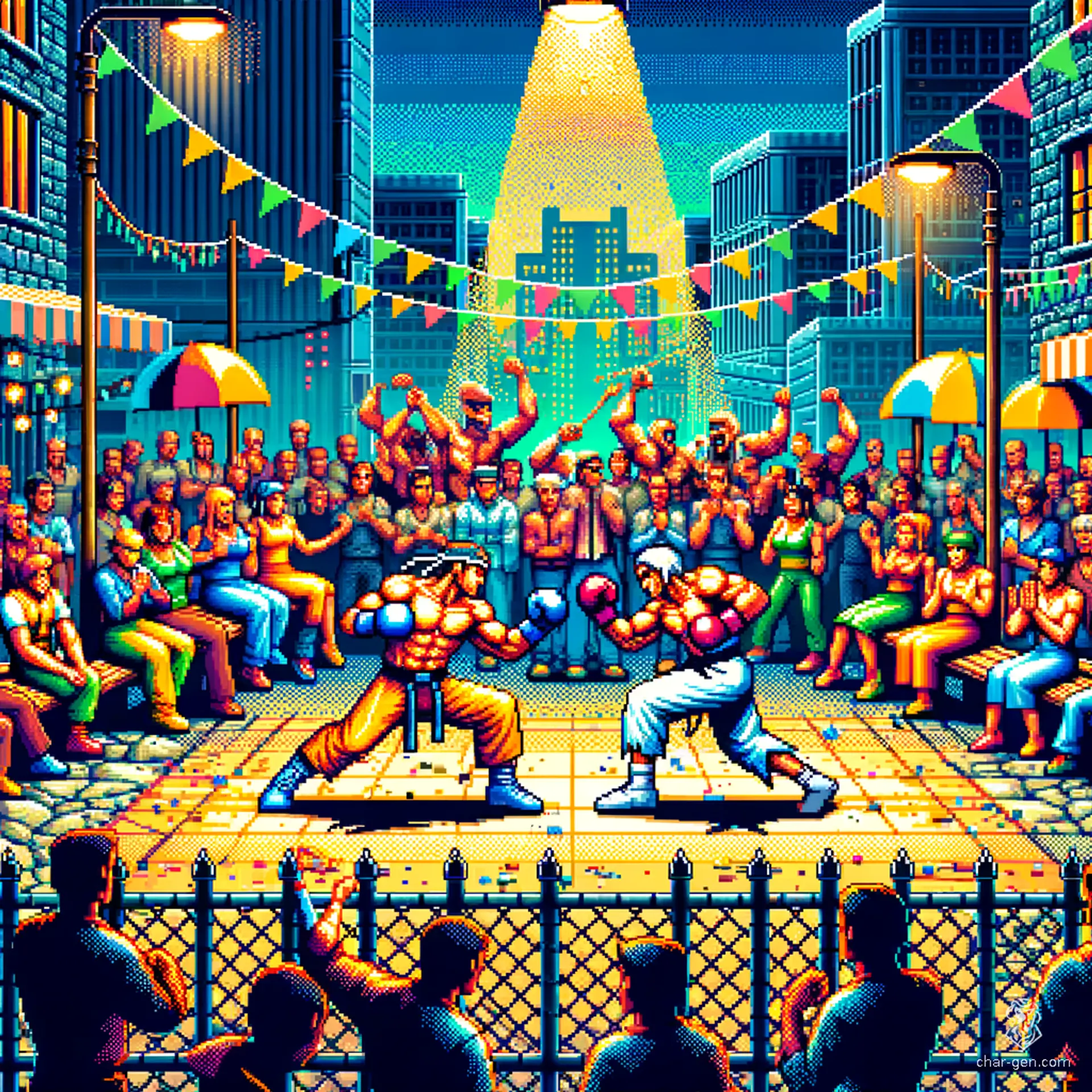 Set in a retro, action-packed yard, vibrant colors and strong outlines bring to life a crowd of cheering spectators surrounding two dynamic fighters, locked in exaggerated poses, capturing the essence of classic arcade excitement.