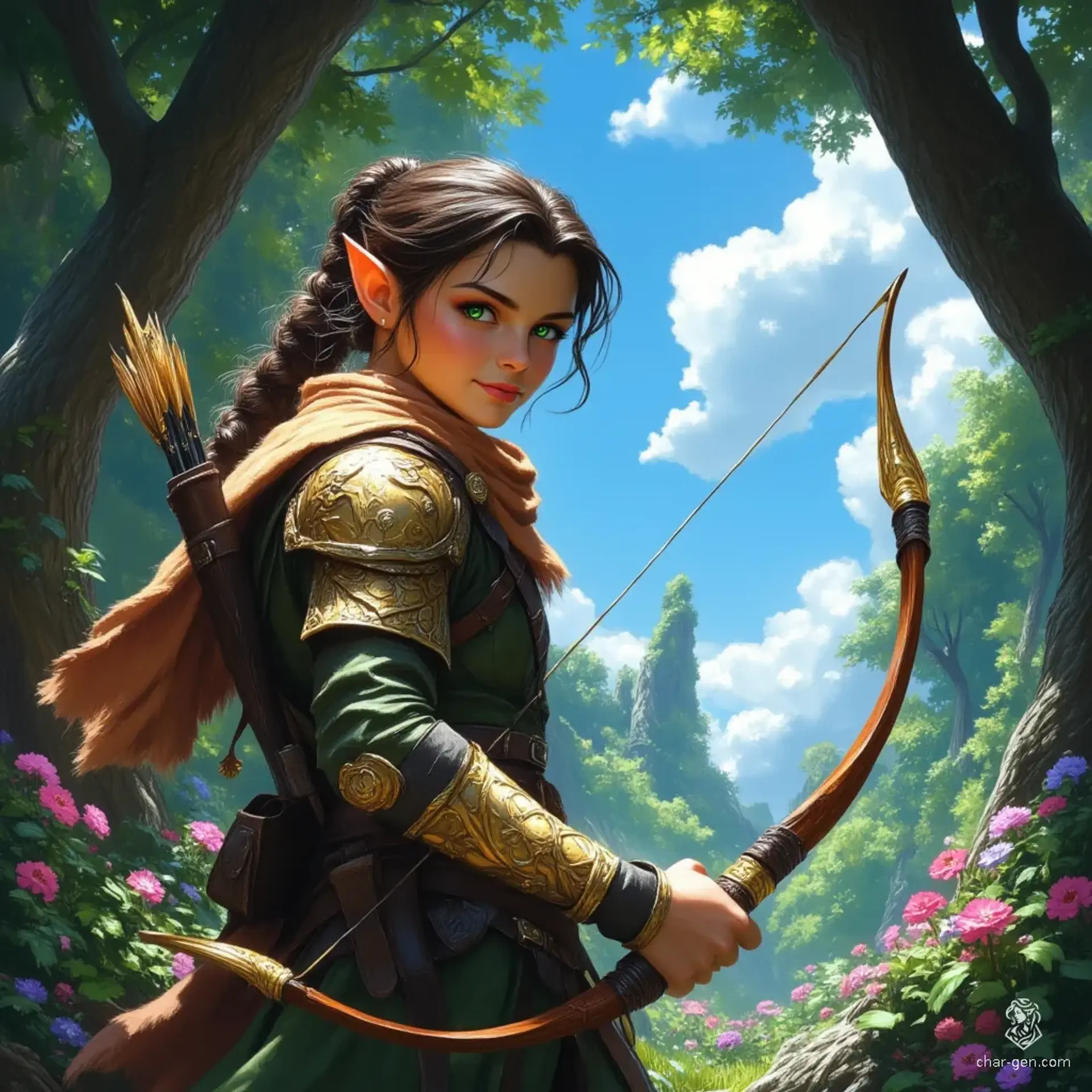 This young male elf ranger stands poised atop a fallen tree trunk, expertly drawing an arrow from his quiver. Clad in a green tunic with chainmail sleeves and adorned brass-and-leather armor, his keen green eyes scan for prey, while his long brown ponytail and scarf flutter in the wind.