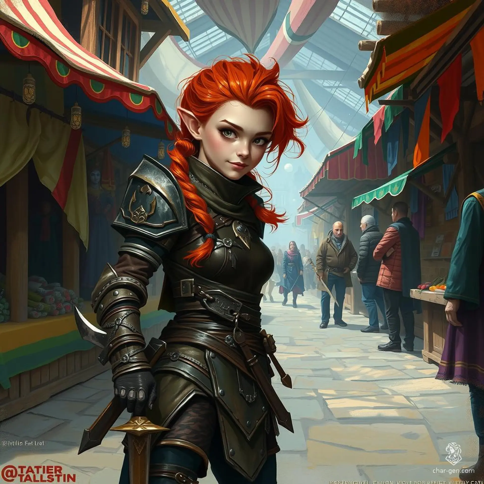 Kaelin Sornin is a 26-year-old Lightfoot Halfling rogue known for her nimble movement and stealthy demeanor. With slightly tanned, freckled skin, bright brown eyes, and voluminous red hair adorned with braids, she exudes an aura of mischievous charm. Raised as an orphan, Kaelin turned to a life of crime and espionage to support her adoptive family. Clad in intricately detailed leather armor and wielding a prominently held dagger, she is fiercely loyal to her friends but morally complex, harboring secrets that test her sense of redemption.