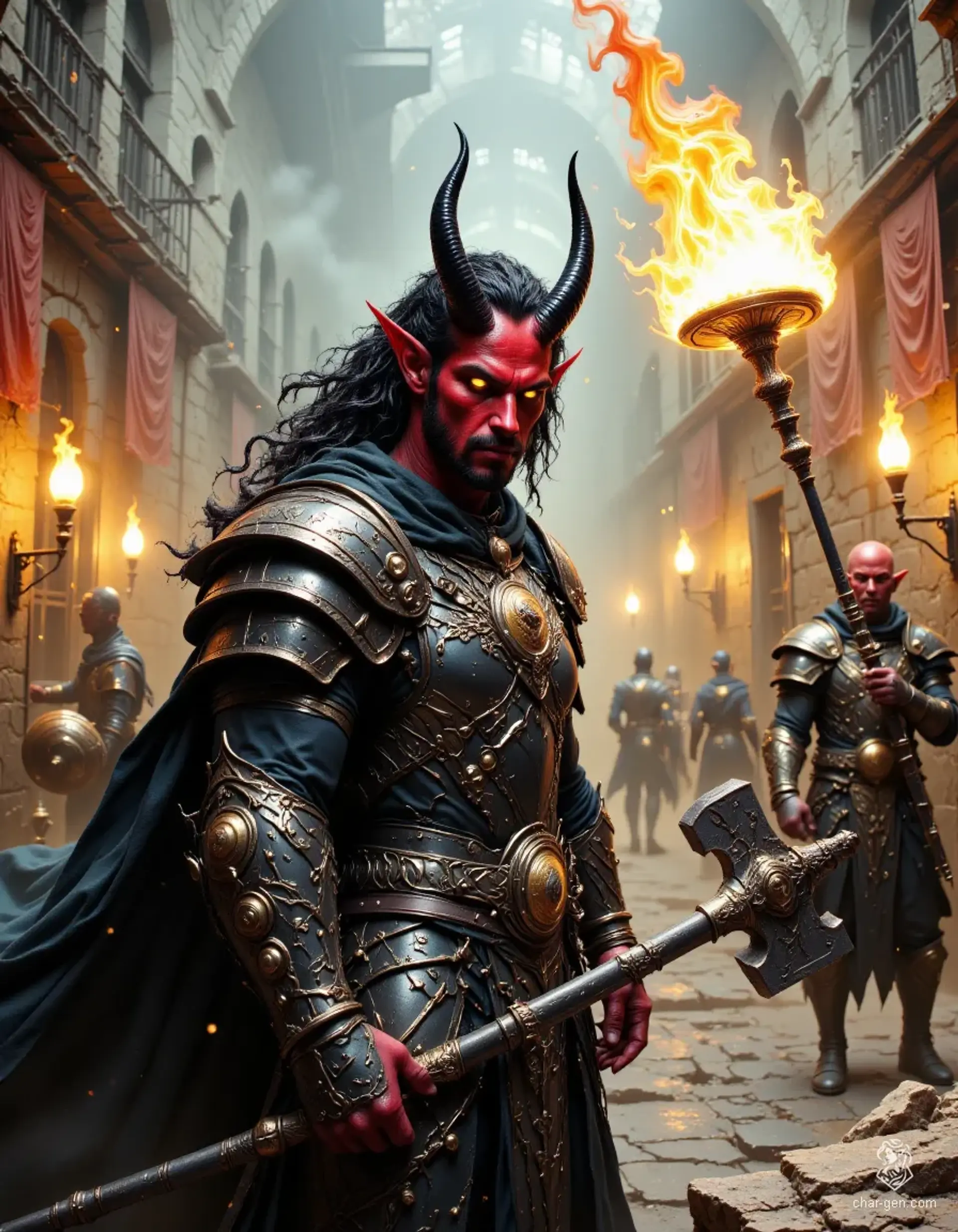 Sir Korvik de Valence is a striking Tiefling warrior, standing at 6 feet with dark red skin, a pair of proud curved horns, and golden yellow eyes. Clad in intricately detailed black plate armor adorned with magical inscriptions, he wields a rapier with confidence, embodying both strength and intelligence.
