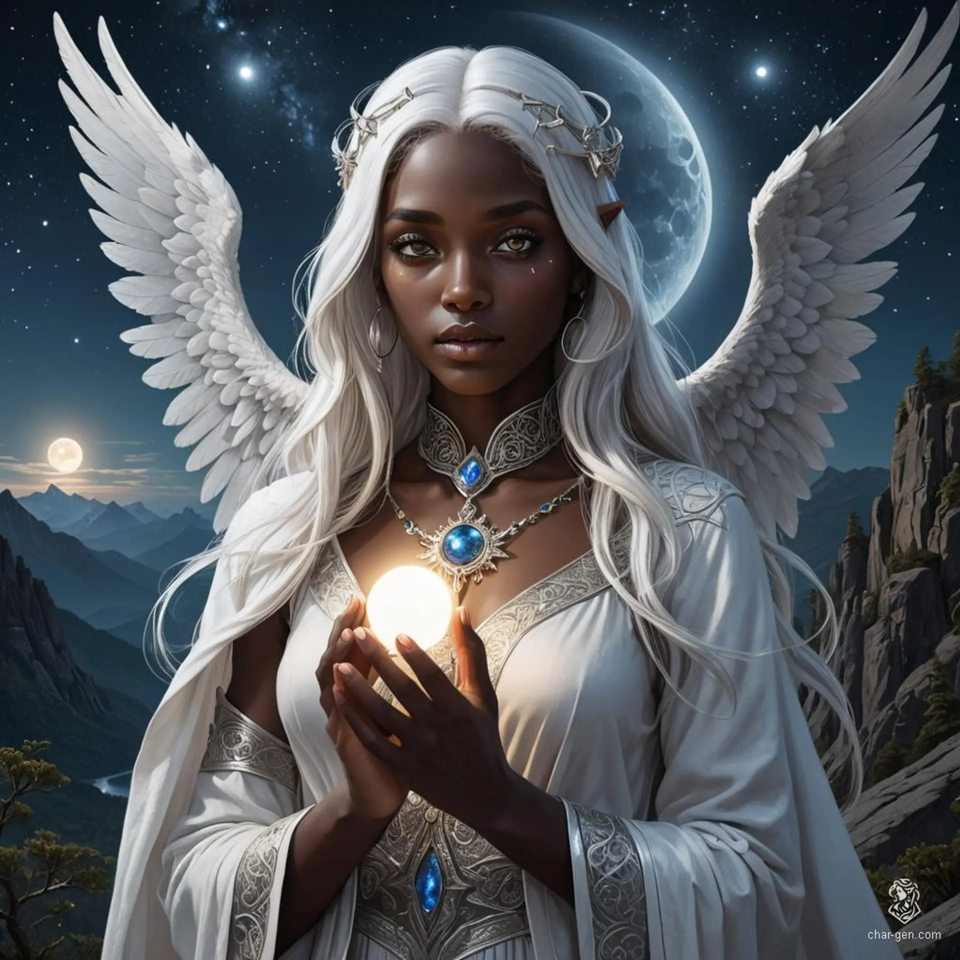A serene, dark-skinned female cleric with a subtle glow and striking blue eyes, embodies the night's majesty. Adorned with a prominent holy symbol, her long white hair flows like moonlight. An angelic guardian devoted to the moon goddess, her unusual appearance and tranquil demeanor reveal her divine connection.