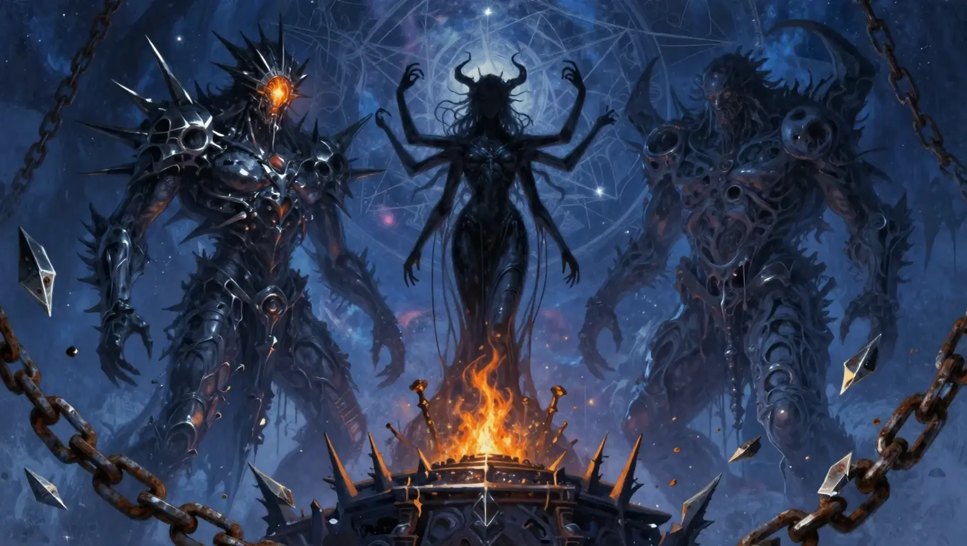 The Shadow-Shed Trinity - AI-generated fantasy Pantheon