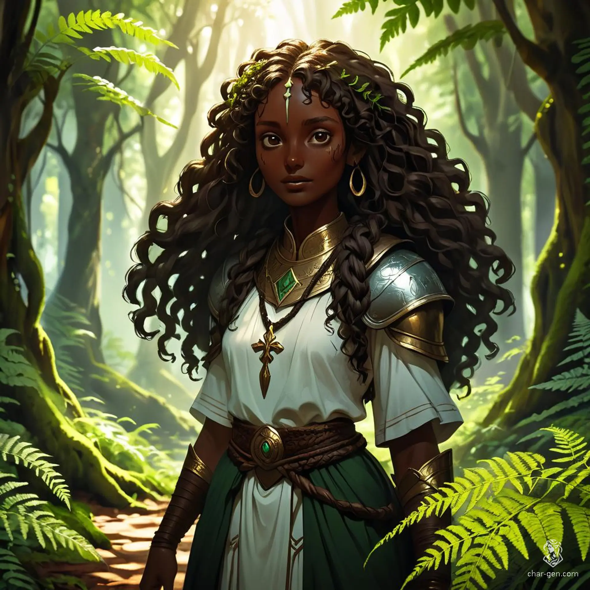 A beautiful dark-skinned female cleric with curly, long-braided hair, radiates serenity in a flowing dress. As a steward of nature with a prominent holy symbol, she embodies grace and divine connection.