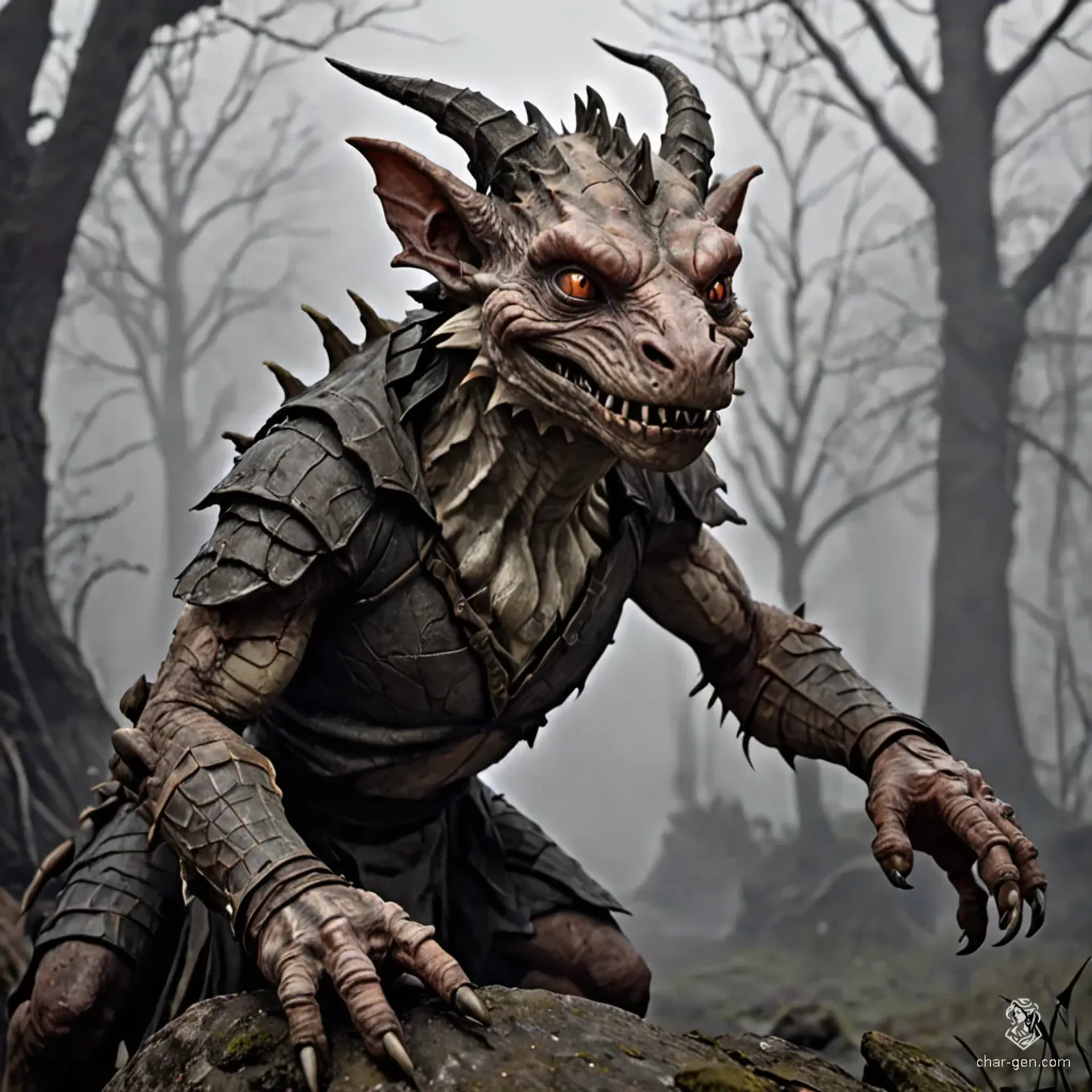 Meet Grix, a cunning kobold thief with a gruesome scar slicing across his face. His burnt orange eyes gleam with mischief, while his scaly, scarred skin and ivory horns give him a menacing appearance. Standing just 2'3", Grix is both sly and dangerous, ready to snatch potions and secrets alike.