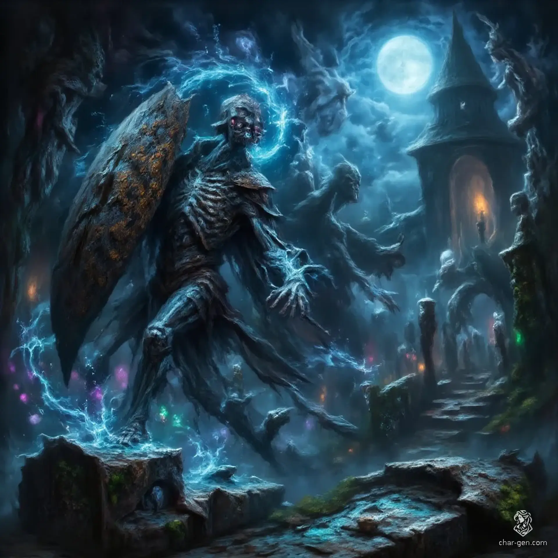 A slow-moving animated skeleton warrior emerges from an unmarked grave in a dark cemetery under a moonlit night. Clad in rusty breastplate armor, an aged helmet, and worn boots, it drags a broken sword and shield through dim blue light and deep shadows, evoking a moody, cinematic black fantasy scene.