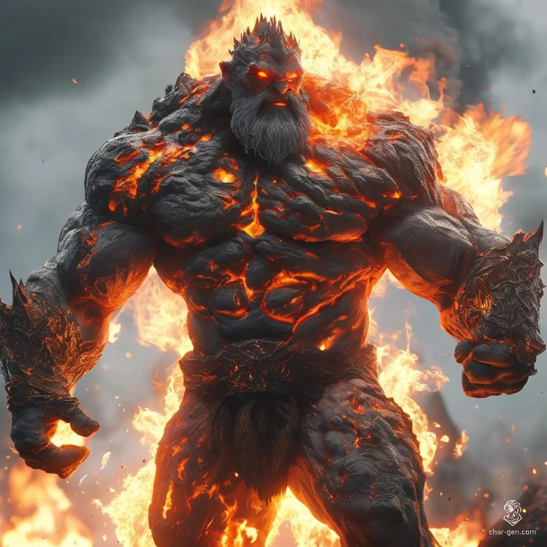 The fire giant is a towering, fiery-skinned beast with molten lava eyes and flames for hair and beard. Wielding a blazing, white-hot warhammer, he dominates a volcanic landscape, radiating intense heat and menace, standing amidst scorched earth and ash-filled skies.