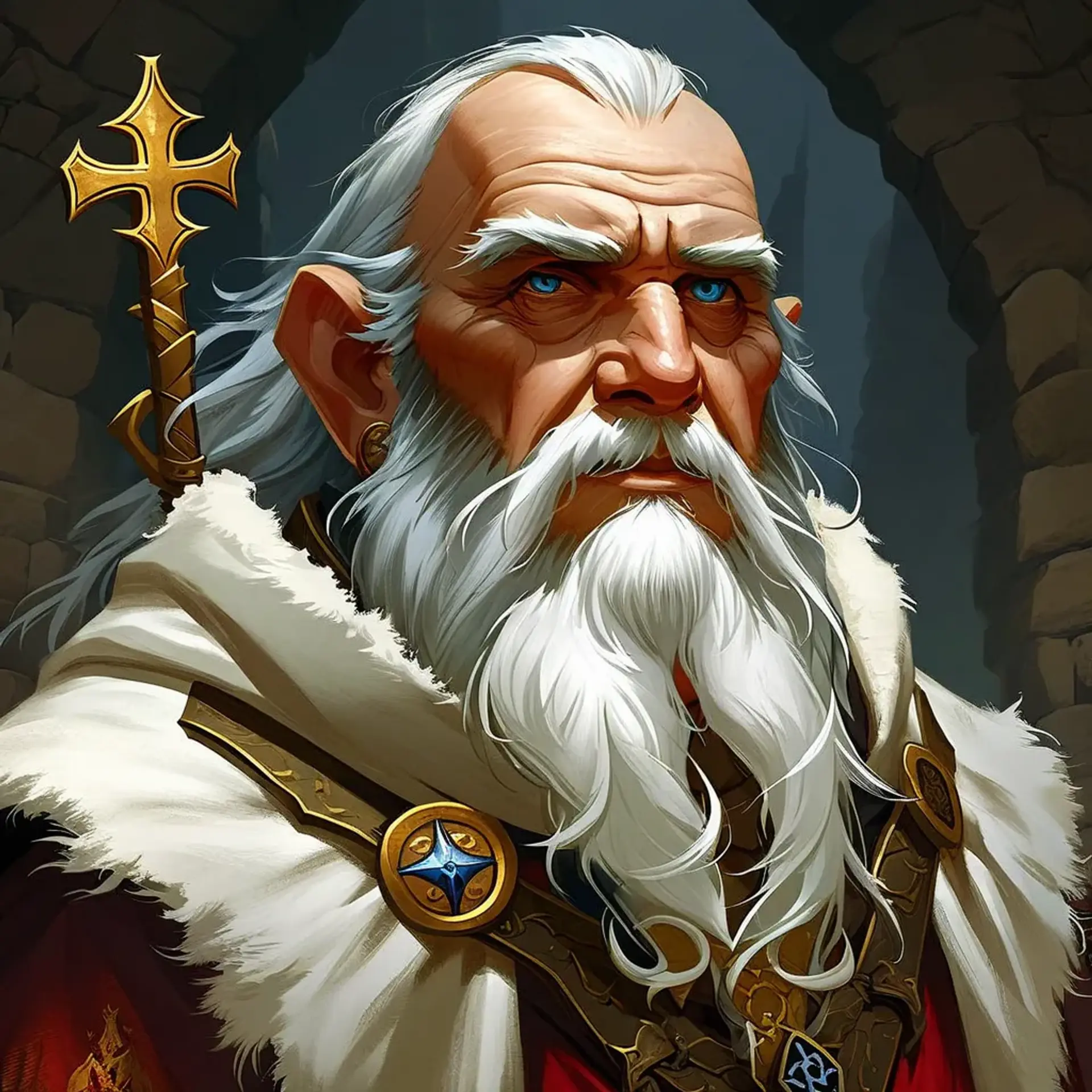 Grimnar Stonefist, a stalwart dwarf cleric, wields divine power with unwavering faith. His long white beard flows beneath a gleaming helm, adorned with the holy symbol of Moradin. With a sturdy axe in one hand and a sacred tome in the other, he champions justice and honor in every battle.