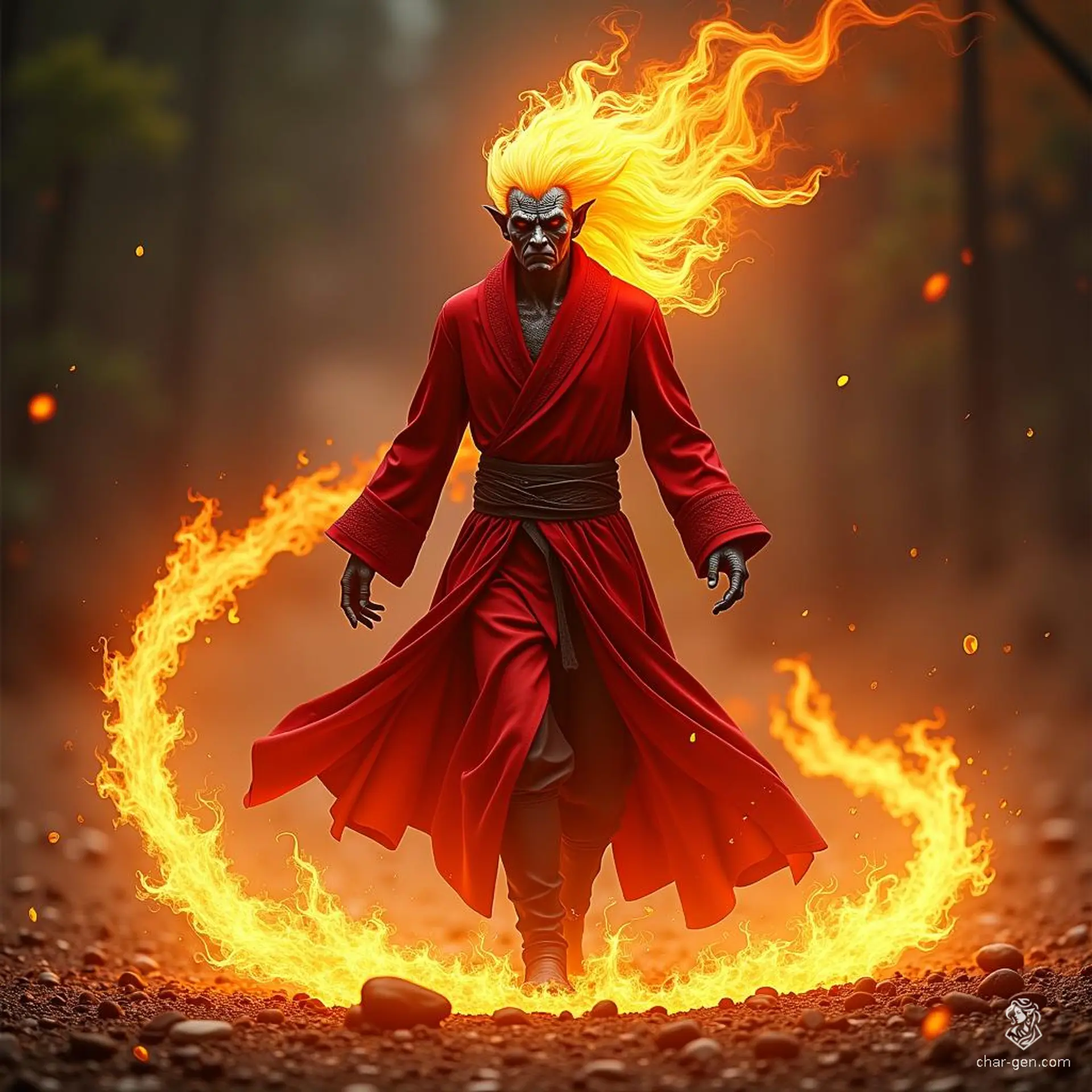 A Fire Genasi Sorcerer with vibrant flame-like hair and dragon scale skin, she commands the blazing elements. Clad in a striking red robe, her presence is marked by an aura of fire, leaving scorched footprints that ignite the ground beneath her.