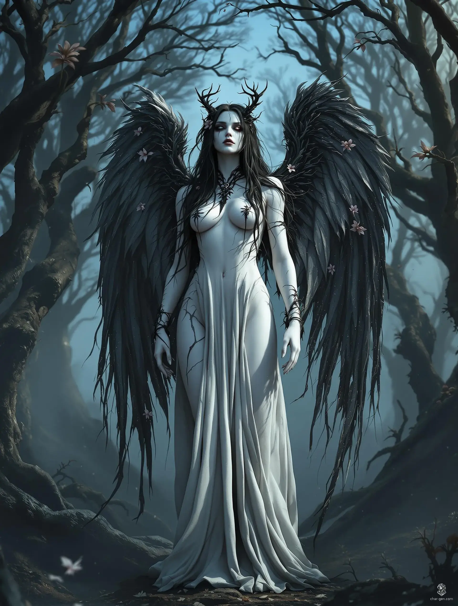 Melladonna, a fallen angel of the Dark Forest, embodies a haunting beauty. Her alabaster skin resembles marble, while knee-length dark hair entwines with ghostly vampire orchids. Blackened wings echo the forest's shadows, and her once-pristine robes now smolder in charred remnants, capturing the essence of lost purity.