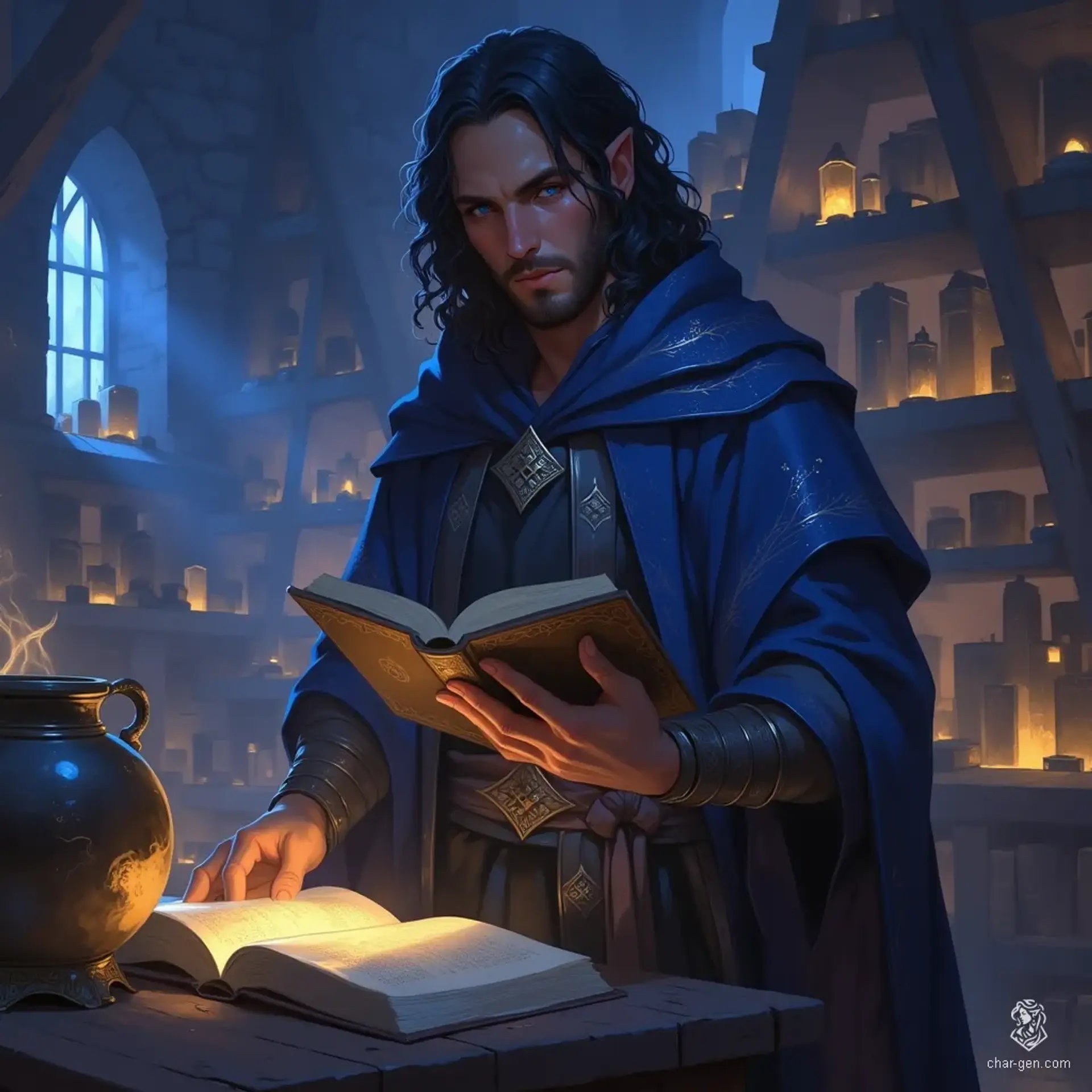 At 31, this handsome enchanter possesses medium-length wavy black hair and striking blue eyes. Clad in dark blue robes adorned with silver-threaded stars, he toils in his tower, crafting complex enchantments. Beneath his skilled exterior lies a heart burdened by undying secrets.