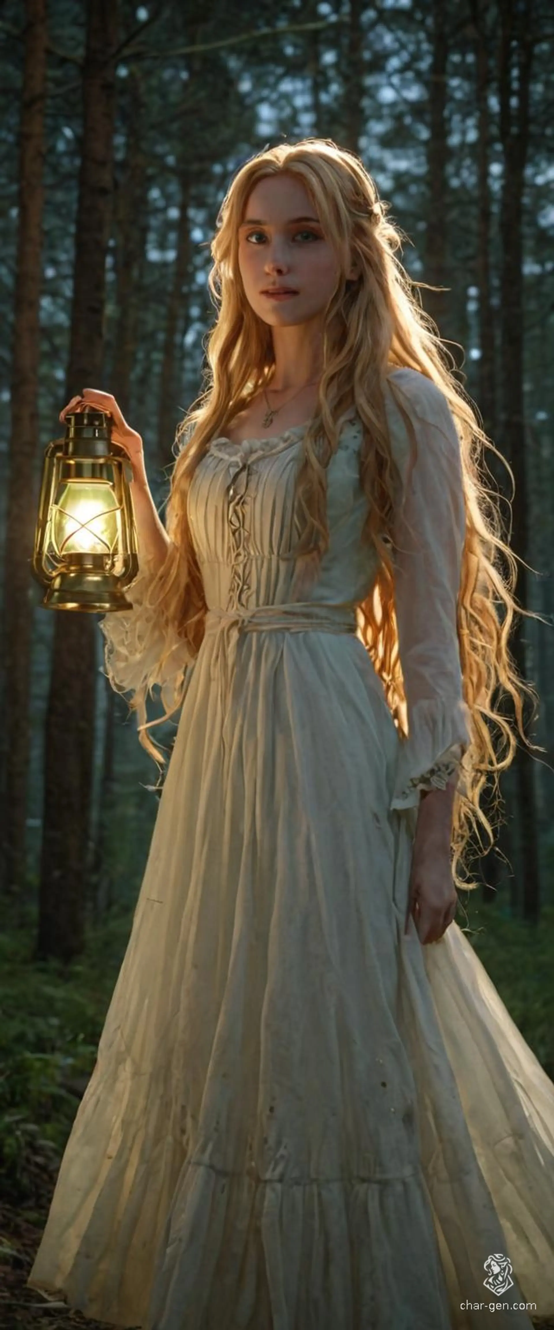 In striking 4K anime style, a Slavic folklore-themed female character with radiant golden hair and vivid green eyes stands in shadowy woods, her luminous dress and shining lantern piercing the darkness. With a full-body, life-size, static pose, and impeccable anatomy, the scene captures detailed skin texture and a captivating atmosphere.