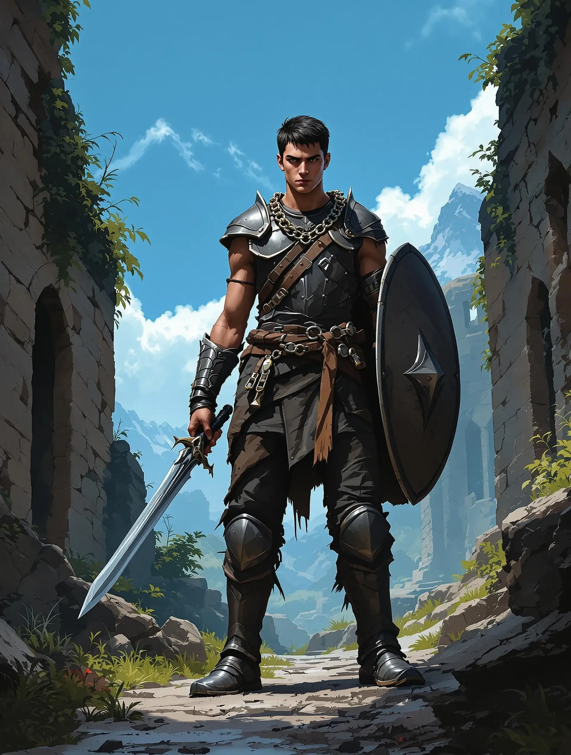 A lean, muscular Executioner Slayer clad in black leather armor etched with glowing purple runes and a tattered, blood-stained red cloak. Wielding a purple-sheened bastard sword and curved sickle, their pale face and jet-black hair frame glowing demonic eyes beneath a calm, sadistic stare amid a neon-lit, synthwave abyss.