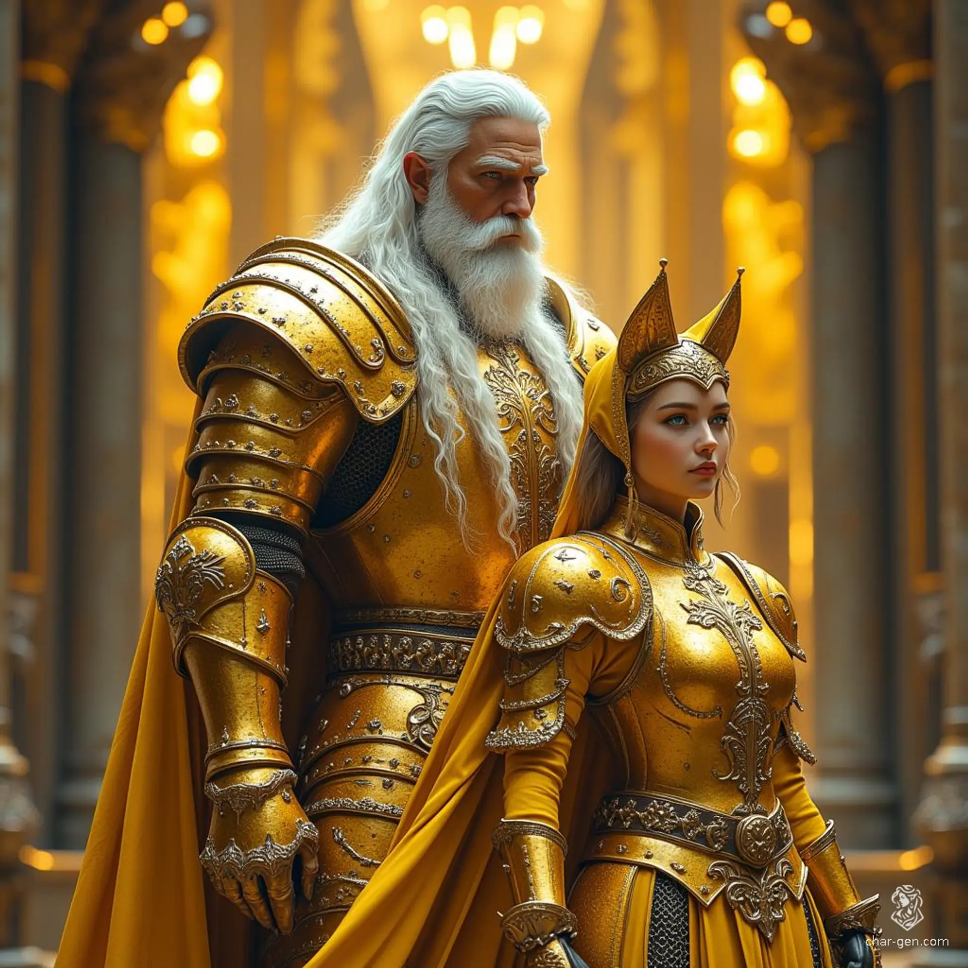 A tall paladin with striking white hair and a short beard, his golden skin gleams beneath ornate armor. With feline grace and fierce loyalty, he strides beside a plump noblewoman of twenty, their destinies intertwined in a world of magic and valor.
