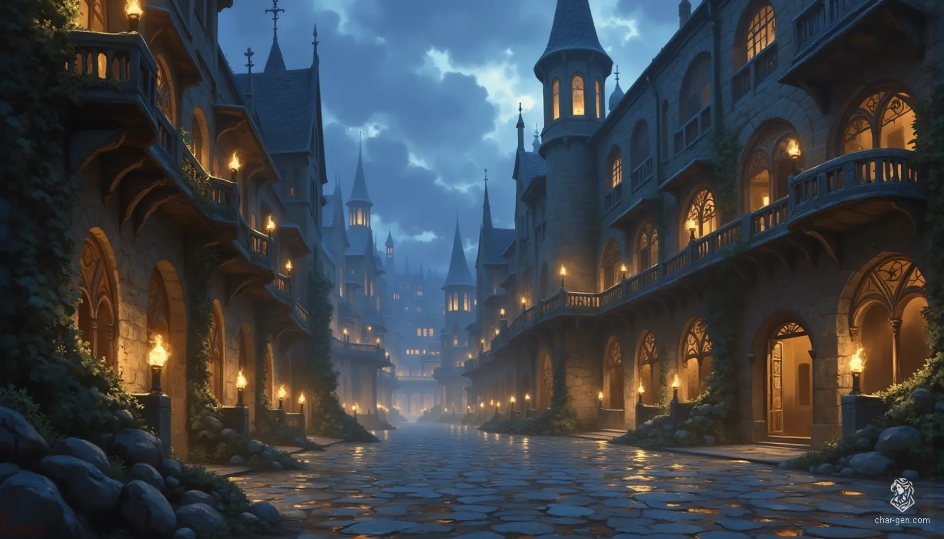 Westcrown, cloaked in twilight's stormy embrace, reveals its faded elegance. Intricate stone facades, weathered by time, rise from winding canals that serpent through deserted plazas. Rusted ironwork clings to ornate balconies, whispering tales of a once-vibrant city, now steeped in an ethereal, mystical atmosphere.