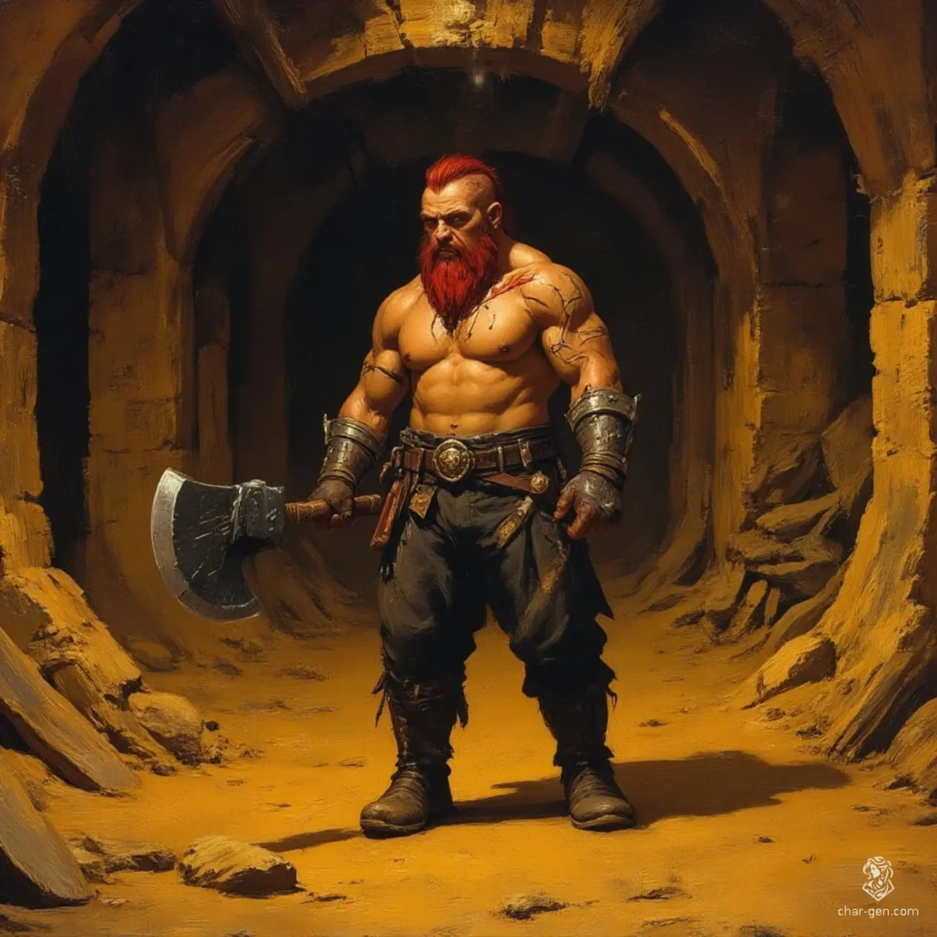 A fierce young male dwarf berserker, marked by a scarred eye and symbolic tattoos, with a dark blood-red Mohawk and braided Viking beard. Bare-chested and battle-ready, he wields an enchanted battleaxe, clad in worn leather trousers and rune-etched iron armor, embodying raw fury and strength.