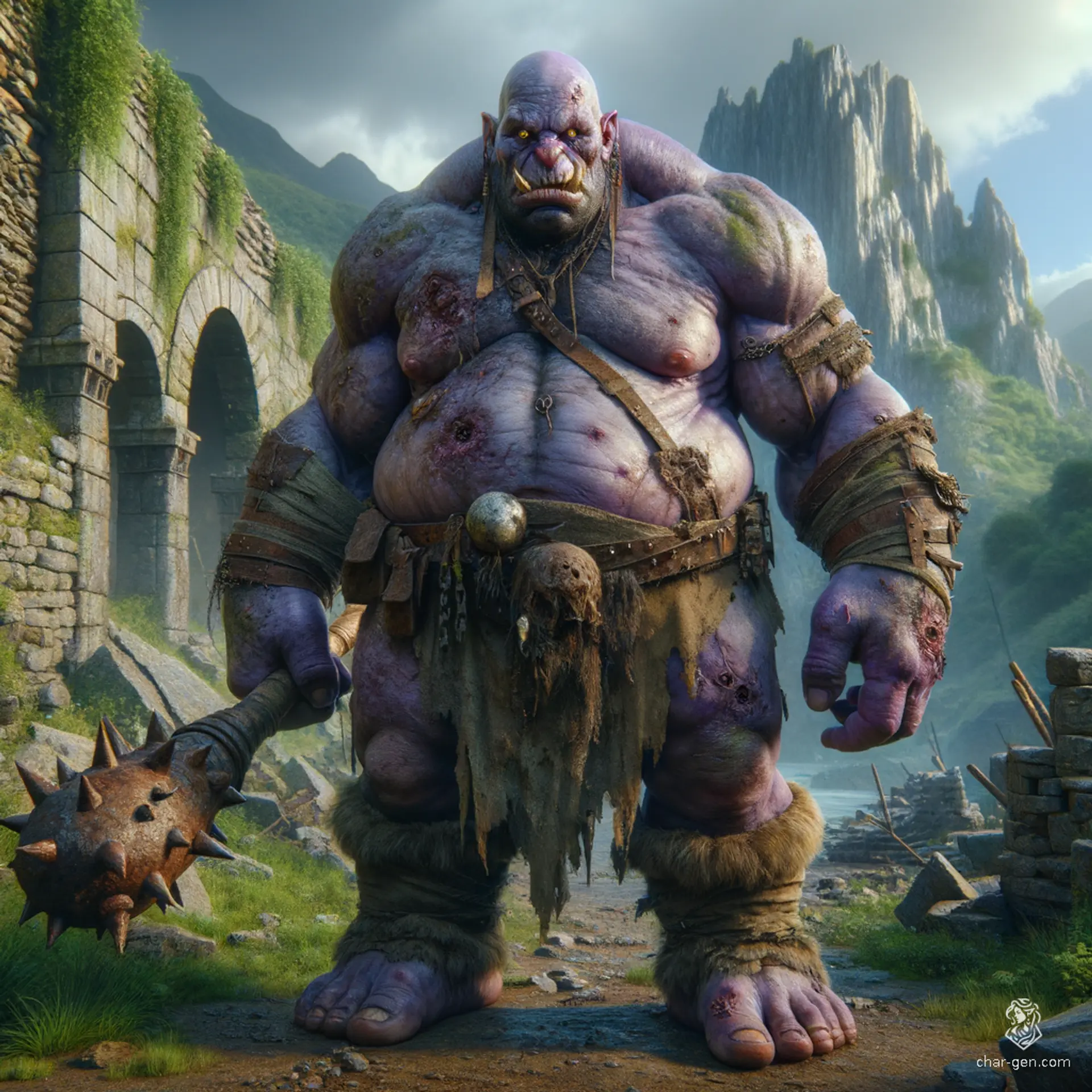 A massive, grotesque male ogre with a bulbous nose and distinct purple, diseased skin. Bald and scar-covered with infected wounds, he embodies gluttony and brute strength, appearing as a wild, rugged barbarian.