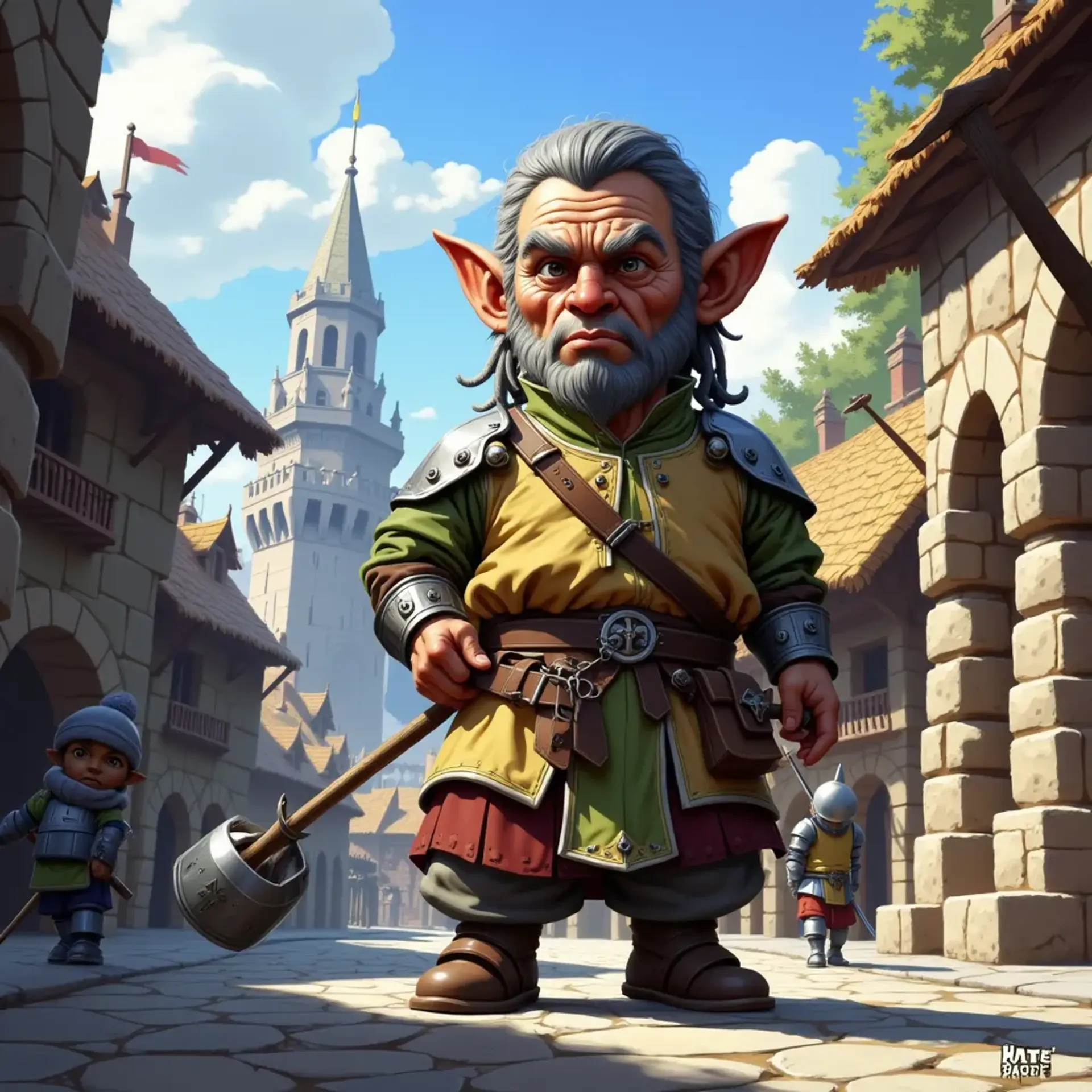 A 50-year-old gnome paladin exudes a dignified aura, his stocky build clad in half-plate armor, weathered skin marked by frown lines and small imperfections. With dark, dreadlocked hair, he wields a flail, ready to protect those in need, embodying strength and resilience.
