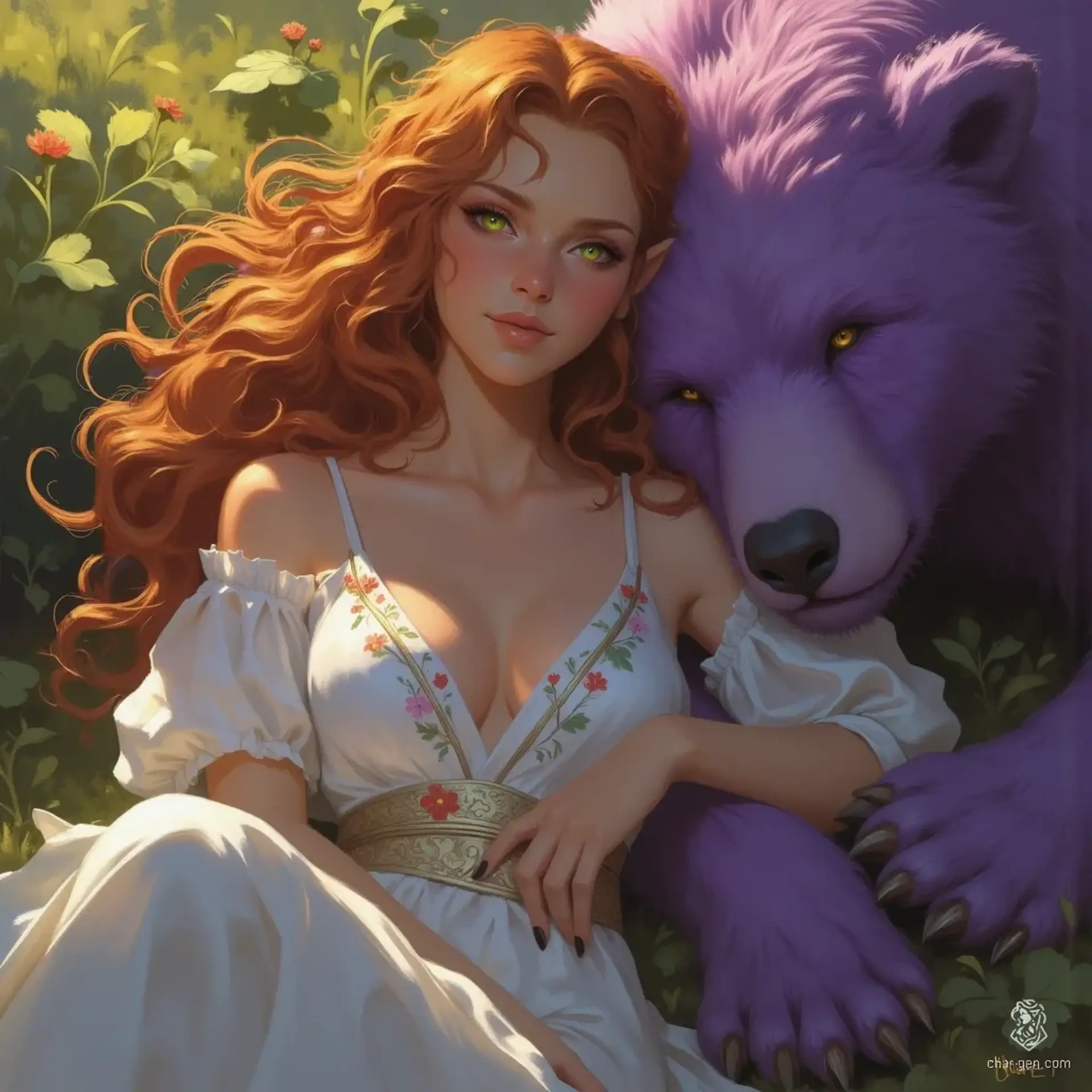 In a twilight garden, a mesmerizing eladrin elf rests against her majestic purple-furred bear. With cascading red hair, pale green eyes, and adorned in a flowing white gown blooming with colors, she embodies ethereal beauty and enchantment. The scene radiates a magical ambiance, capturing a dreamlike quality.