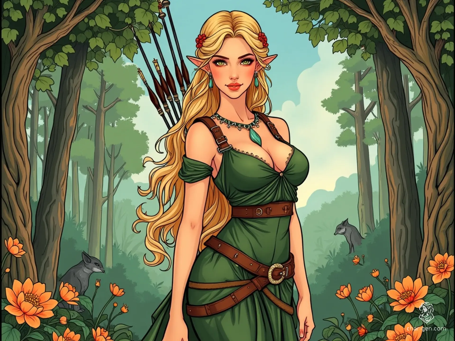 A curvy, golden-blonde-haired female Elf Ranger with sun-kissed skin and keen eyes. She dons a revealing green tunic with brown leather straps and a quiver on her back. Her braided hair, adorned with vines and flowers, cascades gracefully over her shoulders.