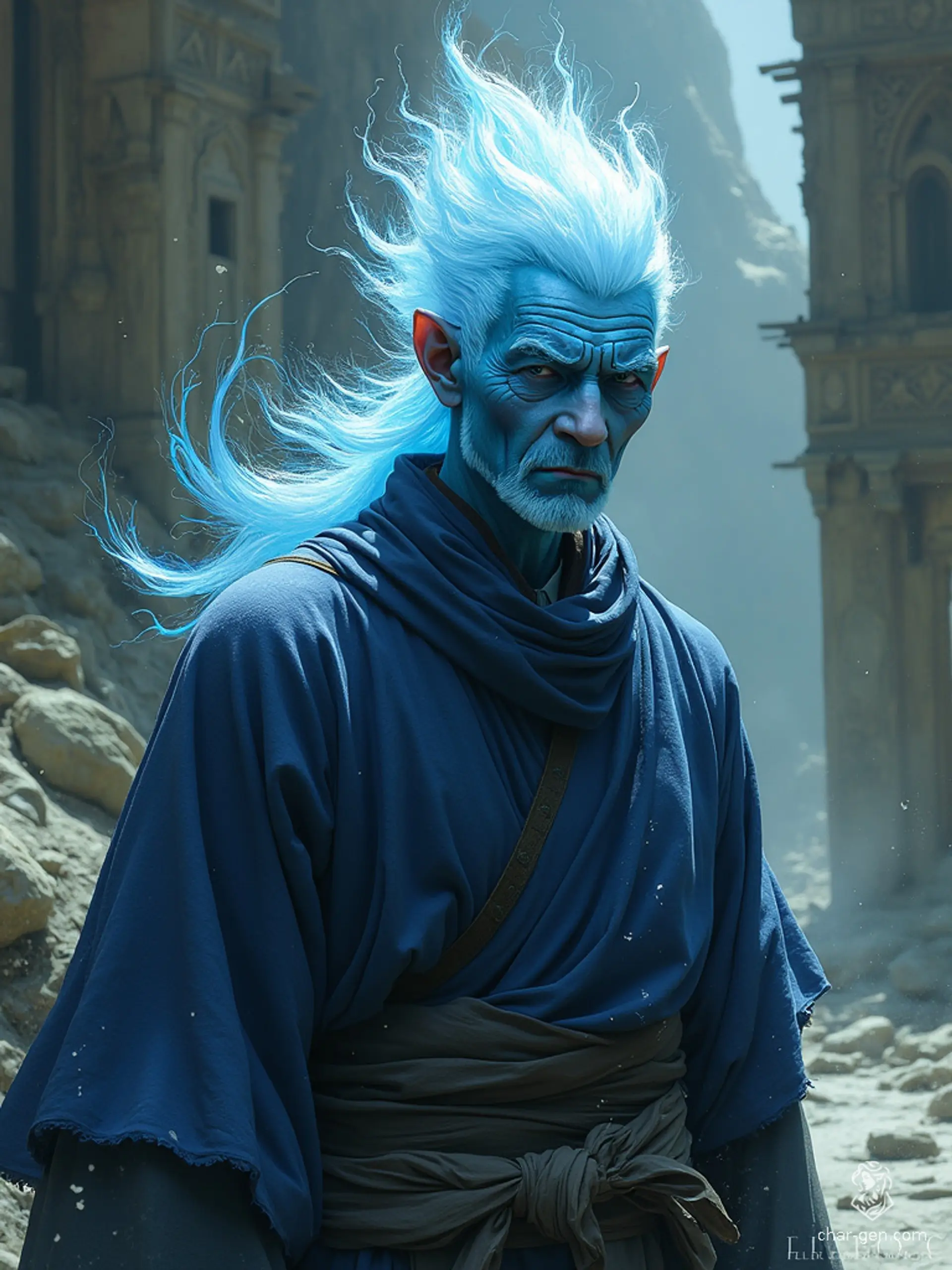 An air genasi, elemental hybrid human with bright blue, windswept skin and nebula-like effects. A monk exuding calmness and fluidity in every movement.