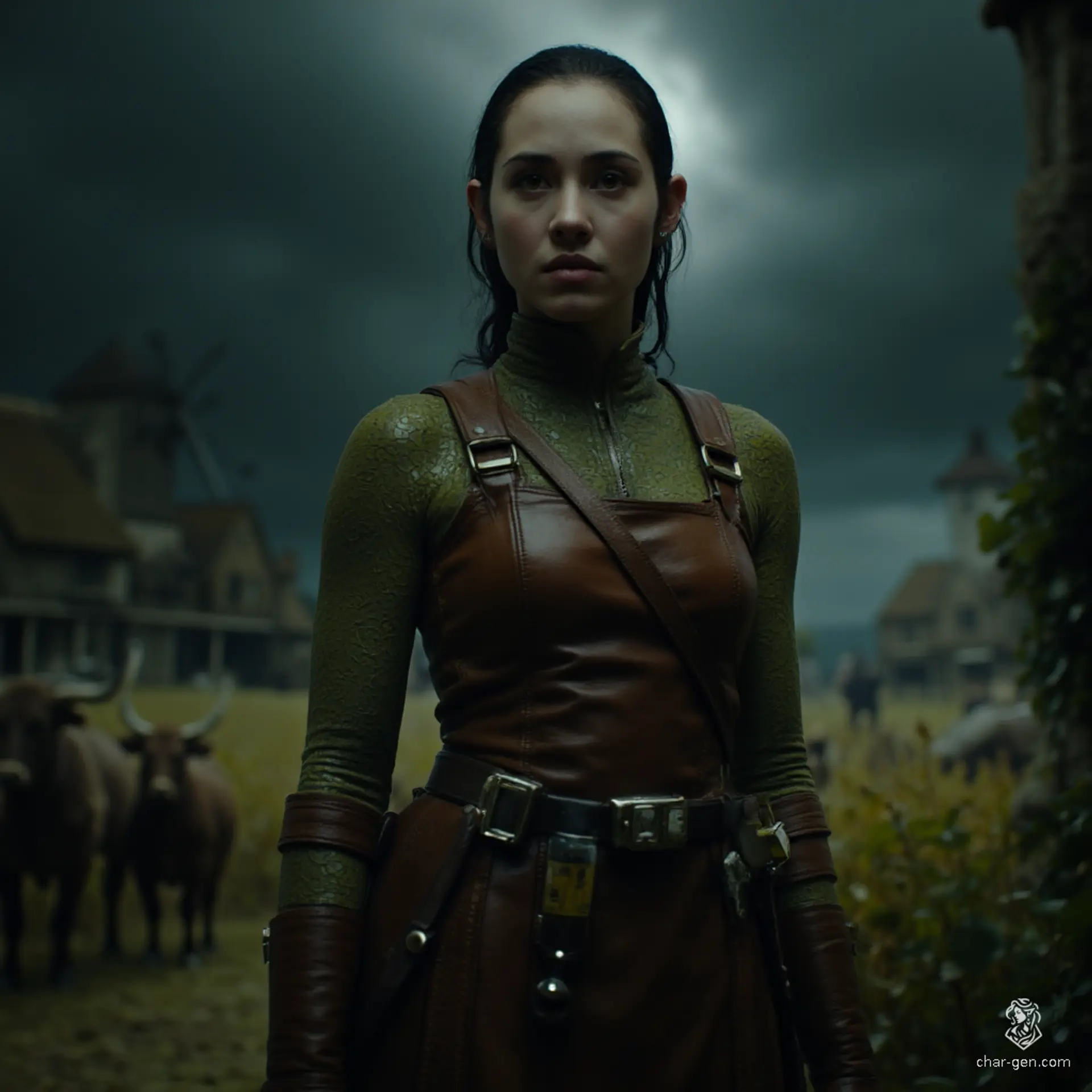 Izzy, a newly emancipated halfling assassin, stands at 1.5 meters with athletic grace. Her yellow-green eyes, resembling a serpent's, hint at her deadly prowess. Clad in tight brown leather armor, she carries poison vials and concealed daggers, exuding a tense blend of competence and playful malice as she stalks her prey.