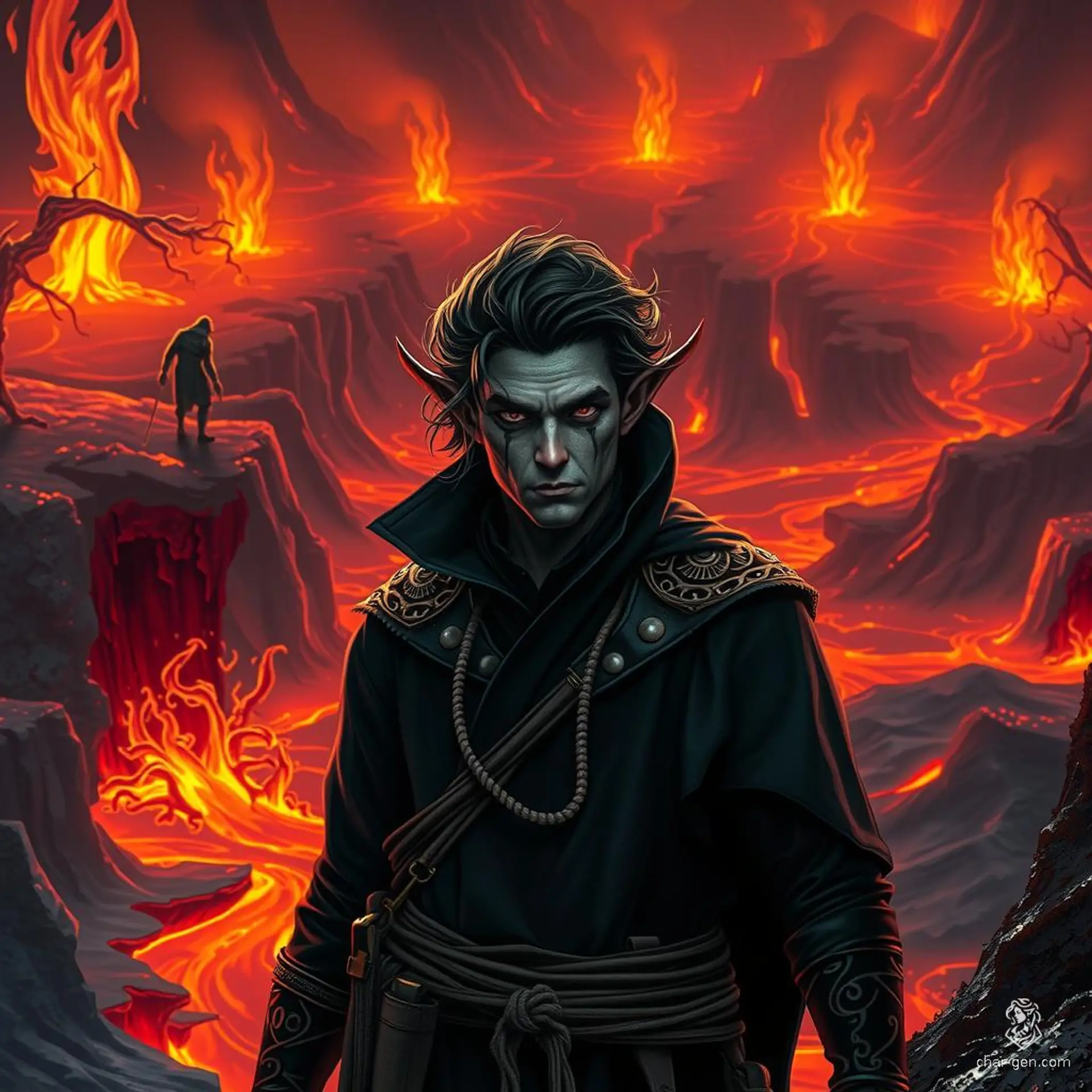soc123's character is a Variant Tiefling warlock of medium build, adorned with arcane sigils and exuding an aura of magic. An intelligent and charming criminal/spy, they made a deal with the shadow to harness dark powers.