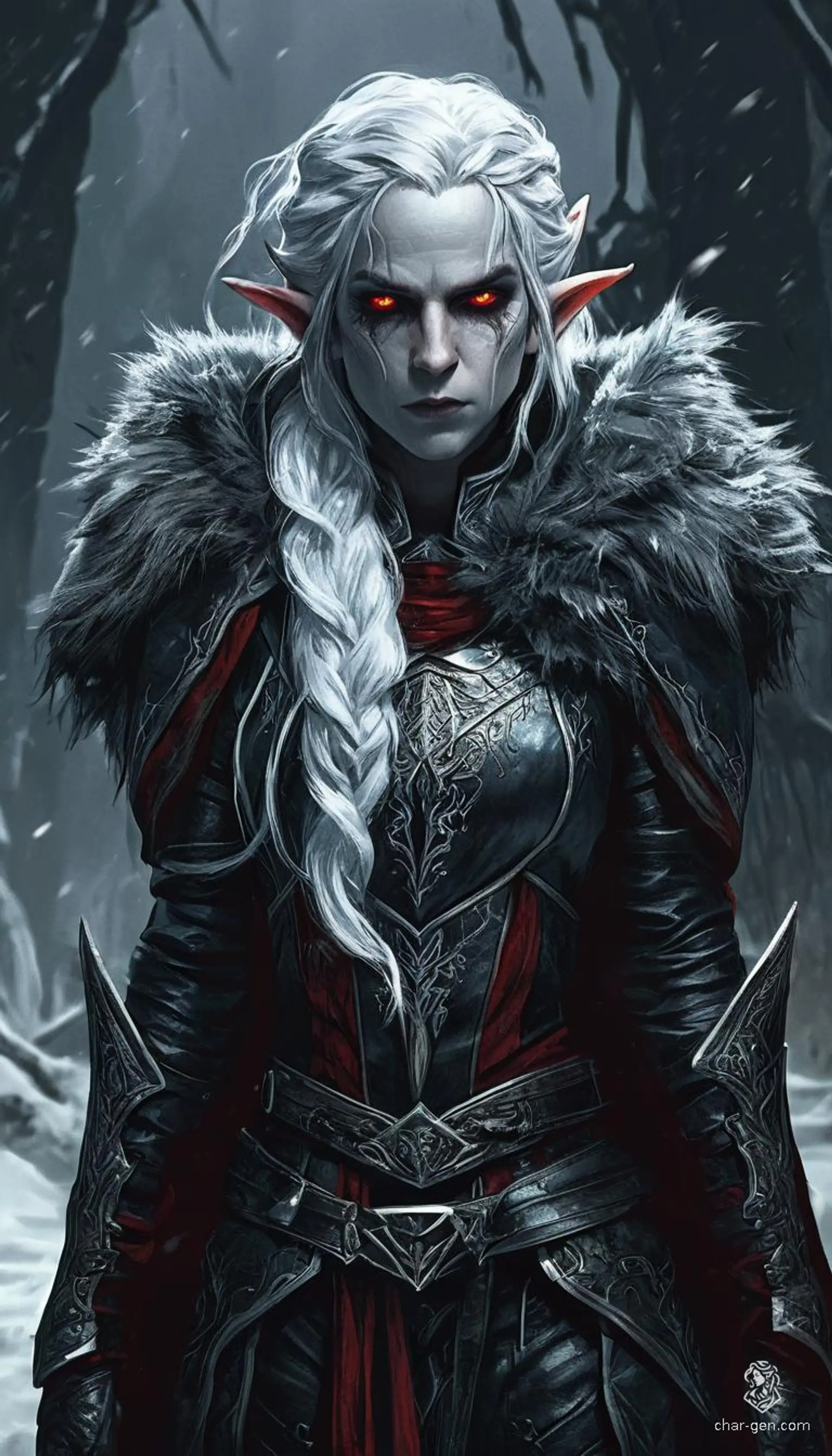 A seductive Winter Elf rogue, she dazzles with bold cherry-red hair and icy robes. Enveloped in black leather armor, boots, and gloves, she moves with light-footed stealth, her frosty presence as striking as her ability to vanish into shadows.