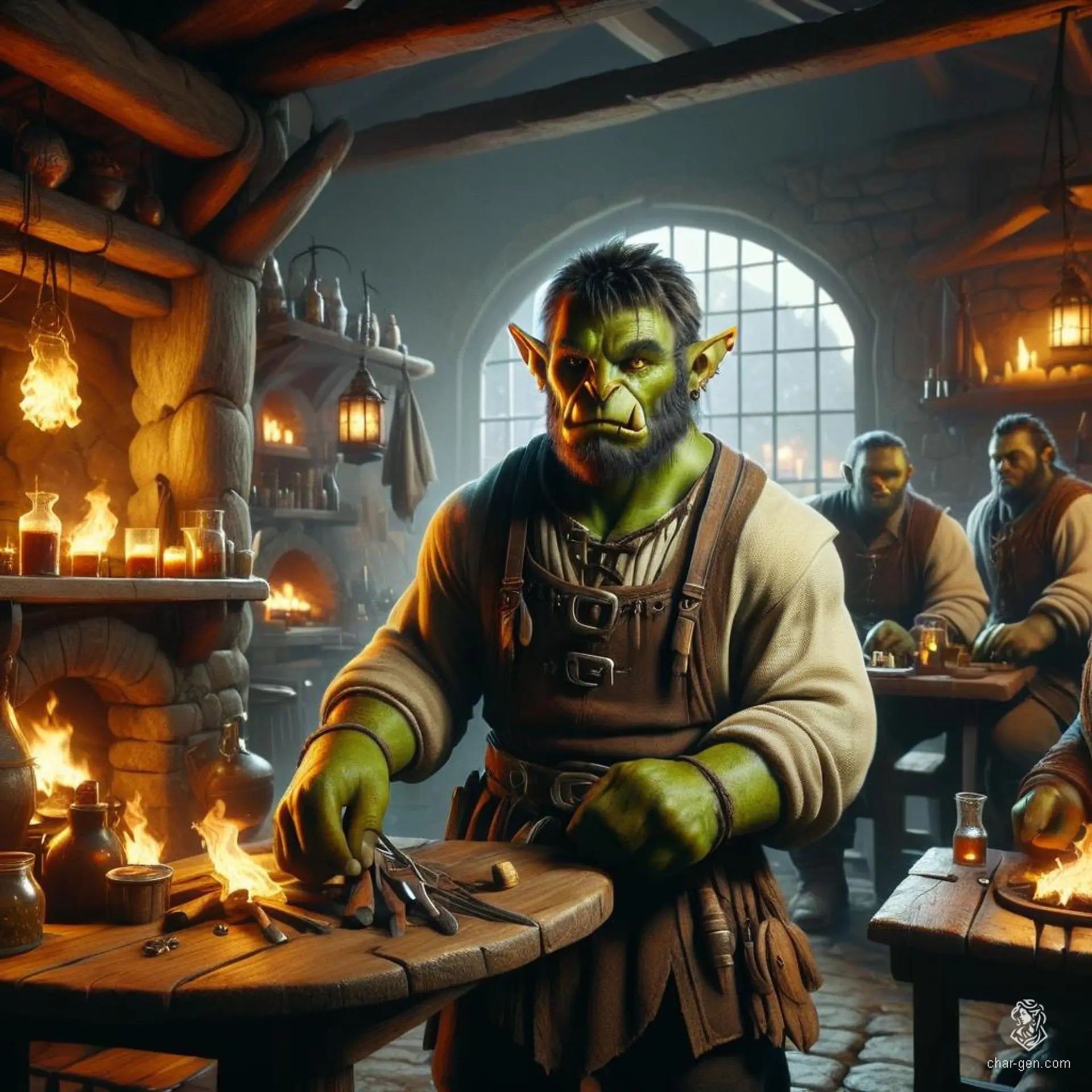 A tusked orc with a moderate build, this male innkeeper meticulously manages his tavern. Amidst patrons, rooms, and meals, he often polishes glasses, keeping an orderly space while his hair frames his focused expression.
