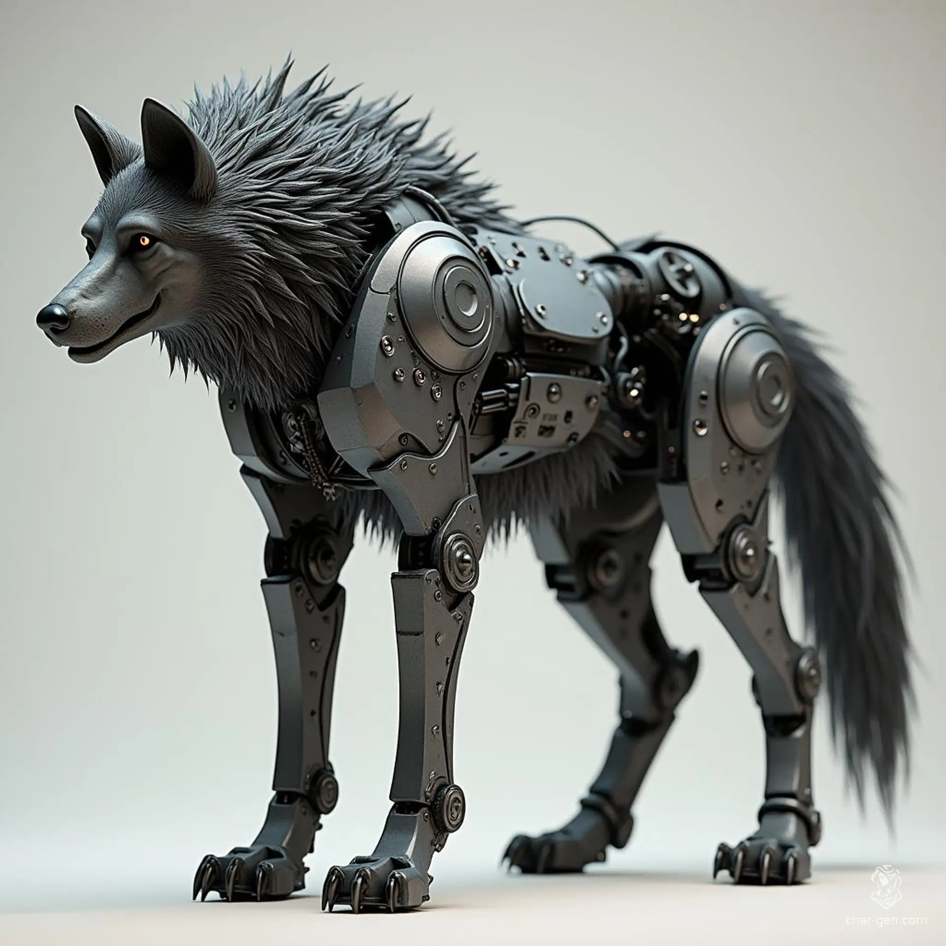 The mechanical dire wolf is a formidable creature crafted from sleek grey metal, its body adorned with intricate gears and glowing blue highlights. Agile and fearsome, it prowls the night with glowing red eyes, merging the primal ferocity of nature with the cold precision of machinery.