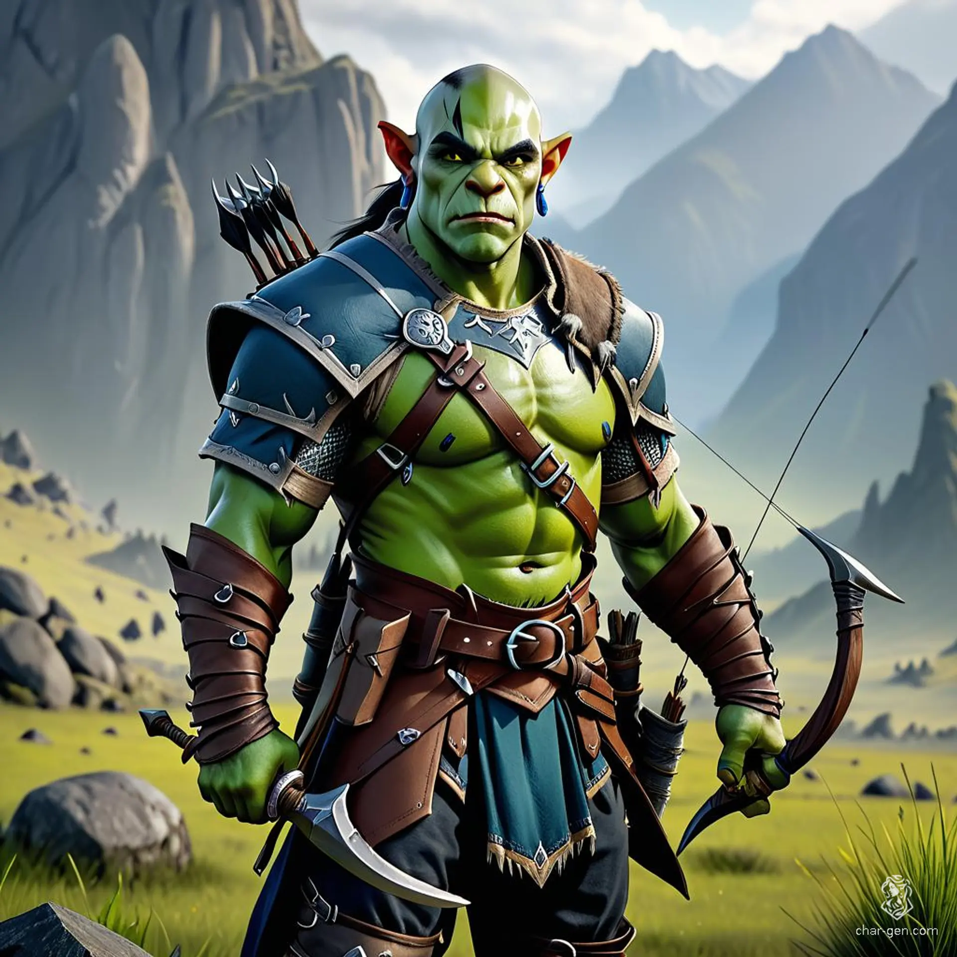 A tall, broad, well-muscled half-human, half-orc archer with green skin and tusks. Shaved head, blue chain mail, and cuffed boots. Skilled Ranger with a keen eye, wielding a bow and quiver, and a two-handed axe.