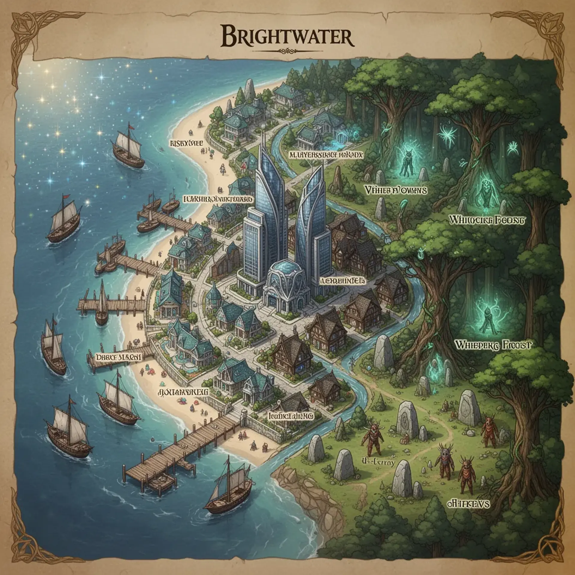 Brightwater - AI-generated fantasy Settlement