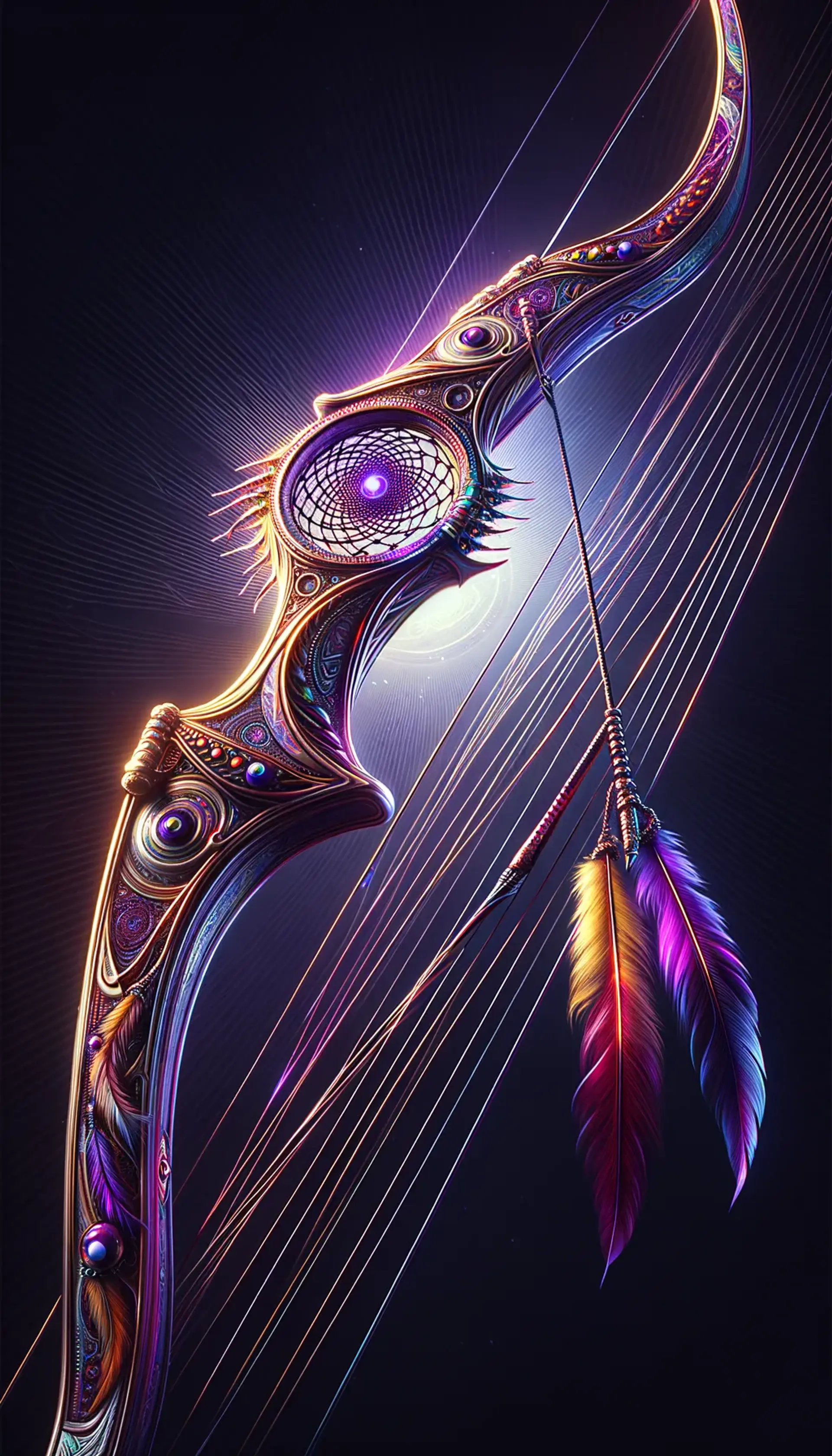 The Dreamweaver Bow is a majestic longbow adorned with intricate chachdreamer decorations and vibrant native feathers, exuding a mystical aura. Crafted for warriors of legend, its draw resonates with the whispers of ancient spirits, empowering arrows with dreams that can turn nightmares into light.