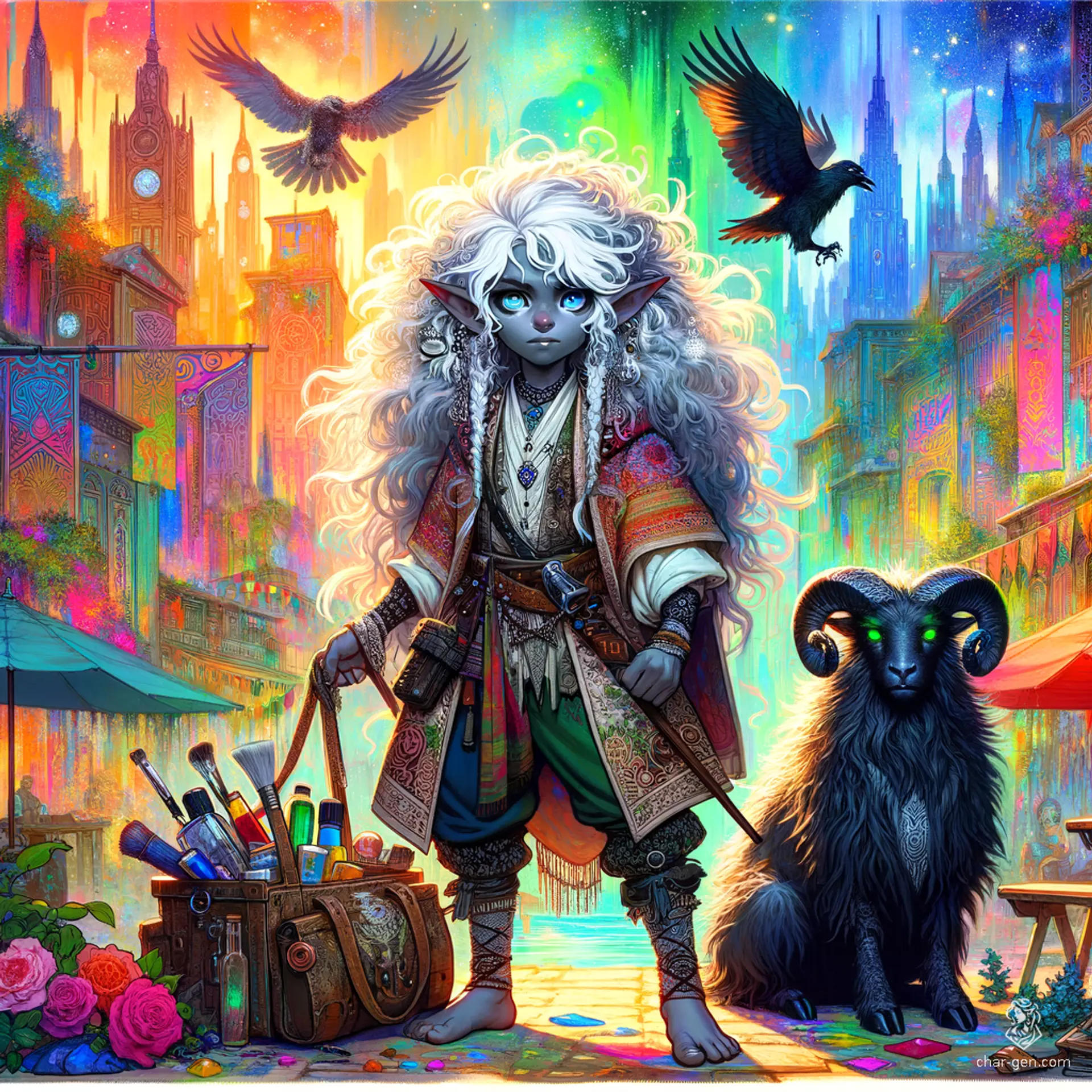 Amaryllis is a halfling witch with hag ancestry, marked by her long, curly silver hair and enchanting mismatched eyes. Clad in witches' attire adorned with roses and ravens, she carries a leather satchel of tools while exuding an otherworldly light, striving to liberate Kintargo from oppression. Her loyal familiar, a mystical ram, enhances her magical prowess.